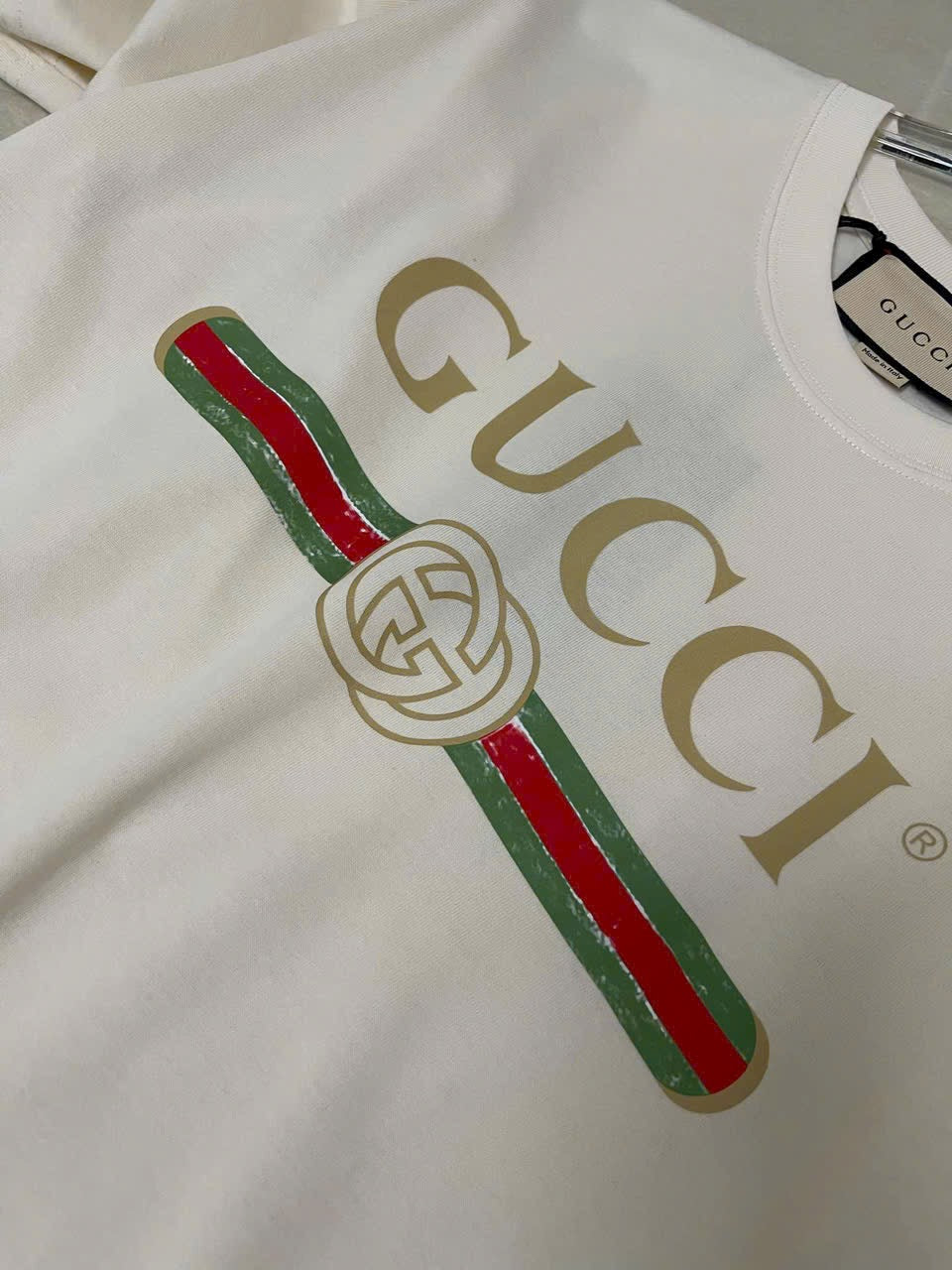 GUCCI White Logo Print Cotton Round Neck T-Shirt