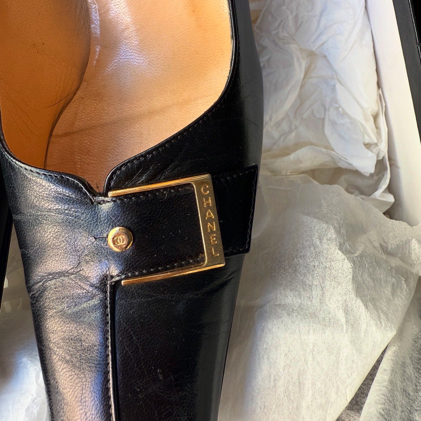 CHANEL Black Leather Buckle Detail Pumps 7cm