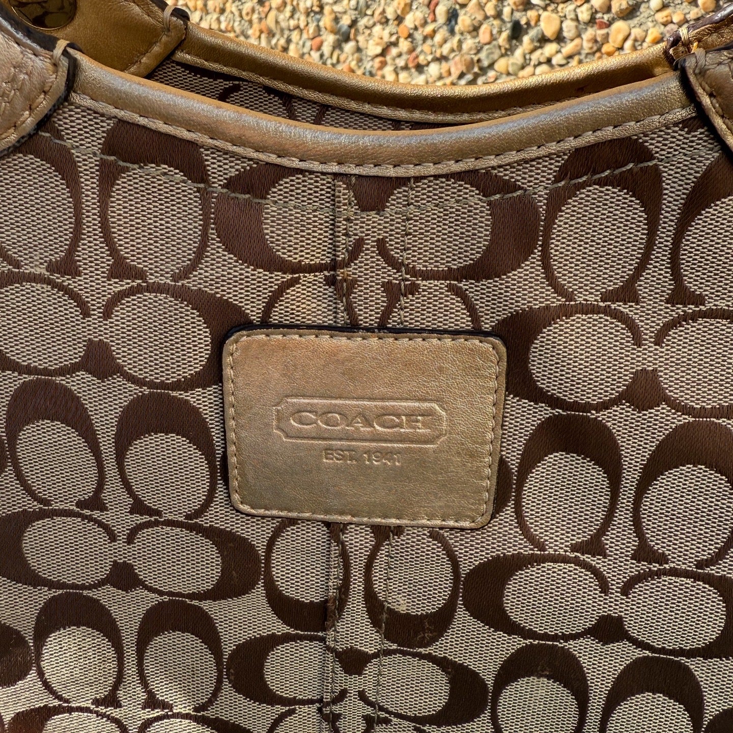 Coach Signature Jacquard Bleecker Brown Gold Metallic Leather Tote
