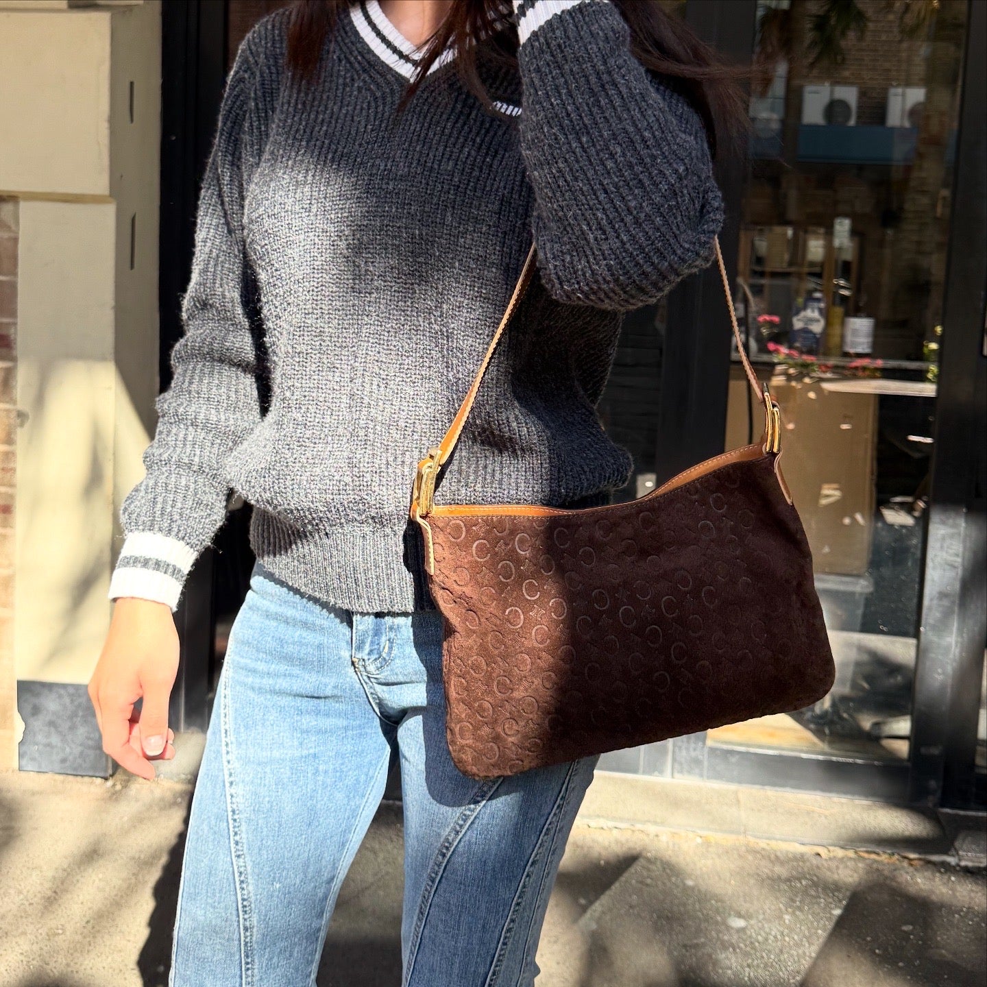 CELINE Brown Macadam Suede Shoulder Bag