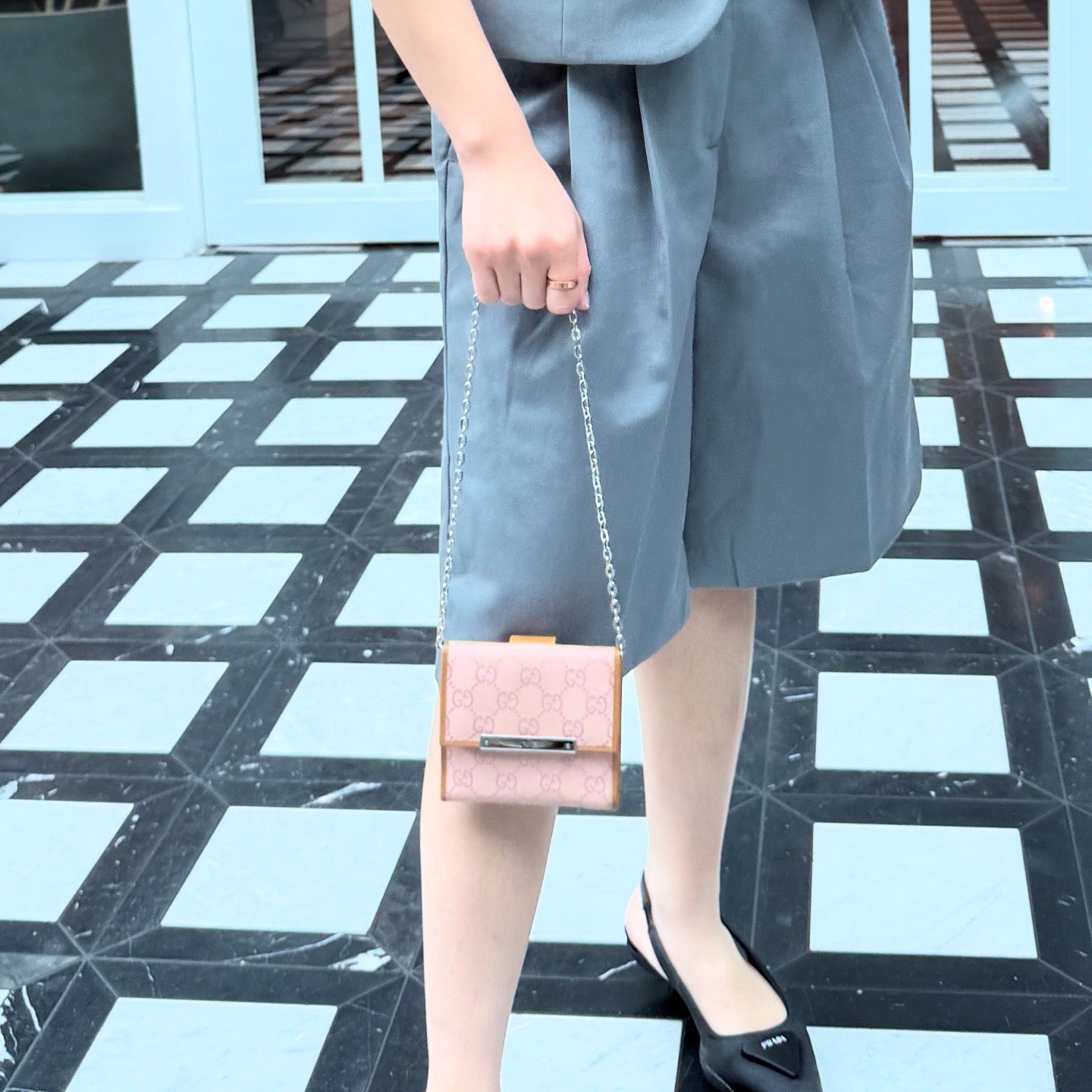 Gucci Monogram Metal Bar French Flap Wallet Pink