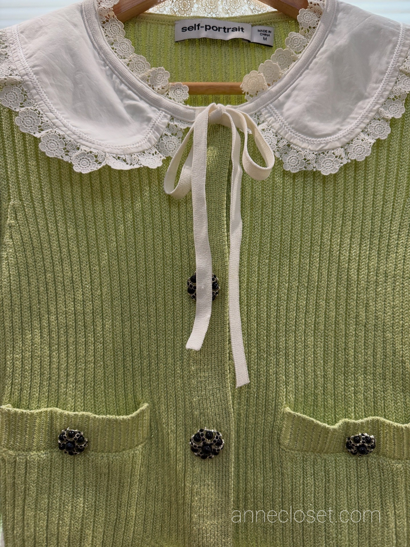 Self Portrait Contrast Collar Knit Cardigan - Avocado