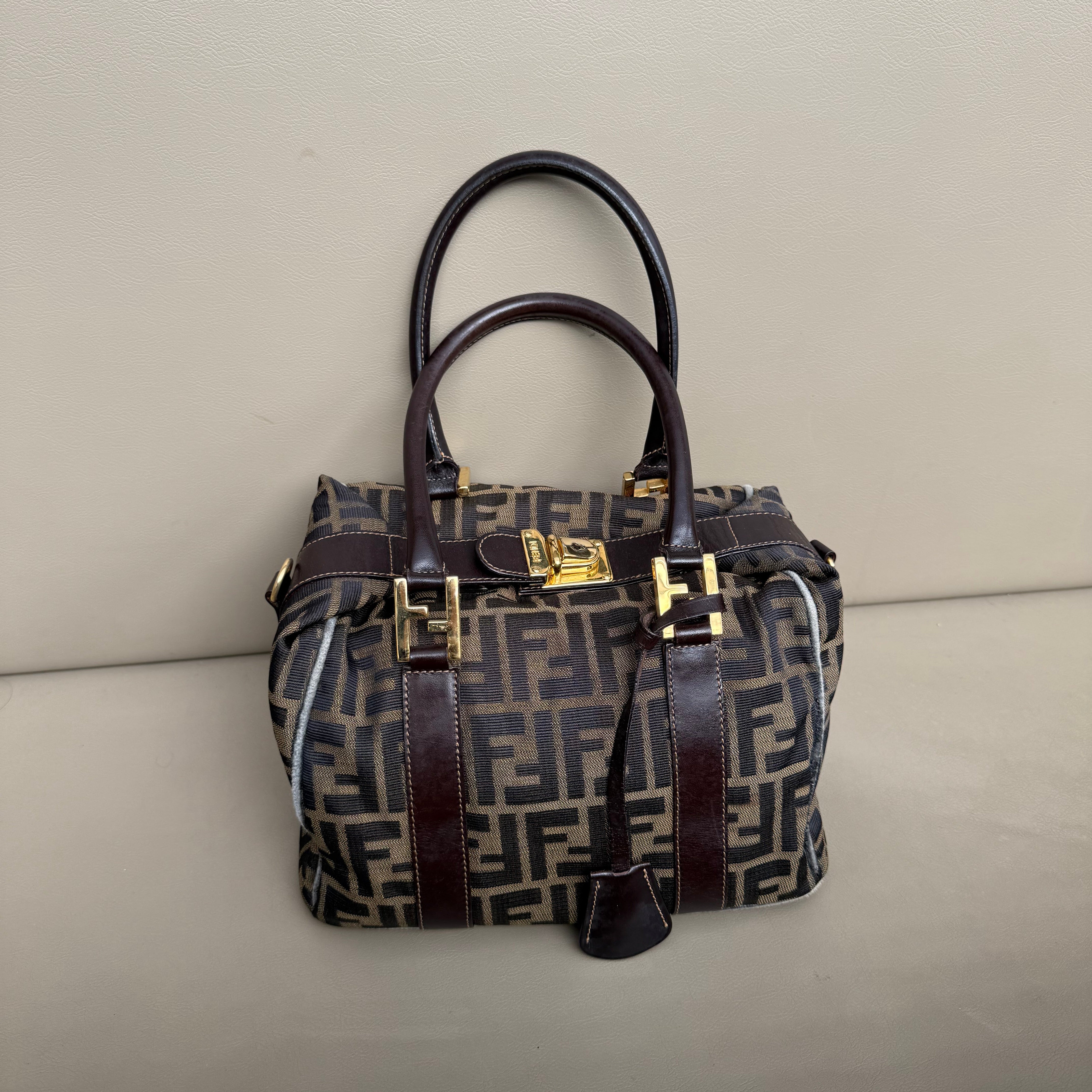 Fendi Vintage handle bowling bag canvas brown GHW