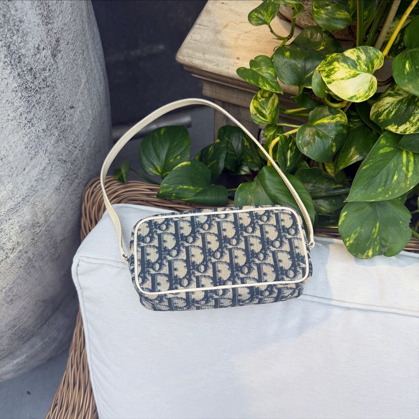 Dior White Dior Oblique Trotter Baguette Blue Cream