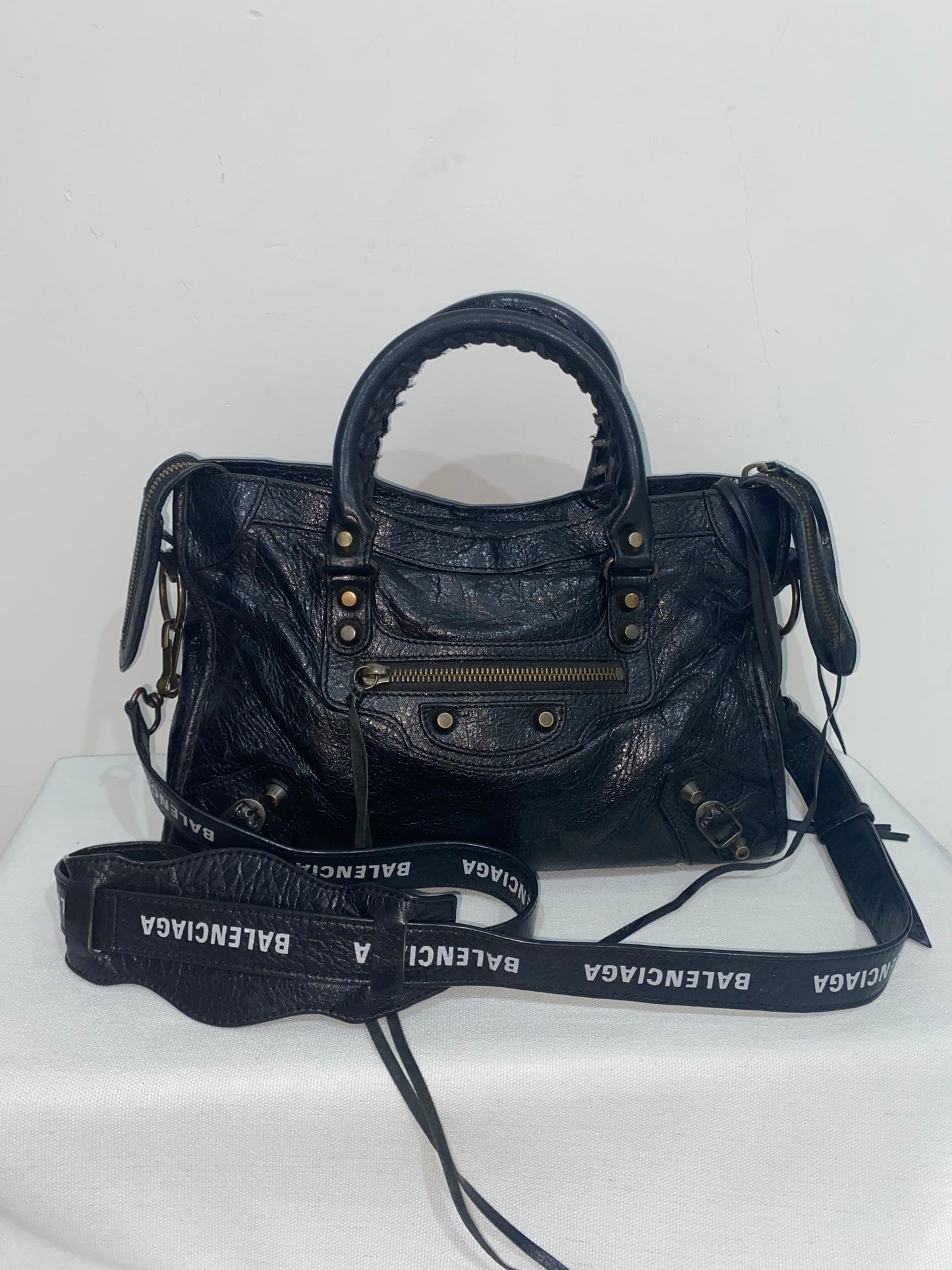 Balenciaga Classic City Black Leather Bag with Logo Strap