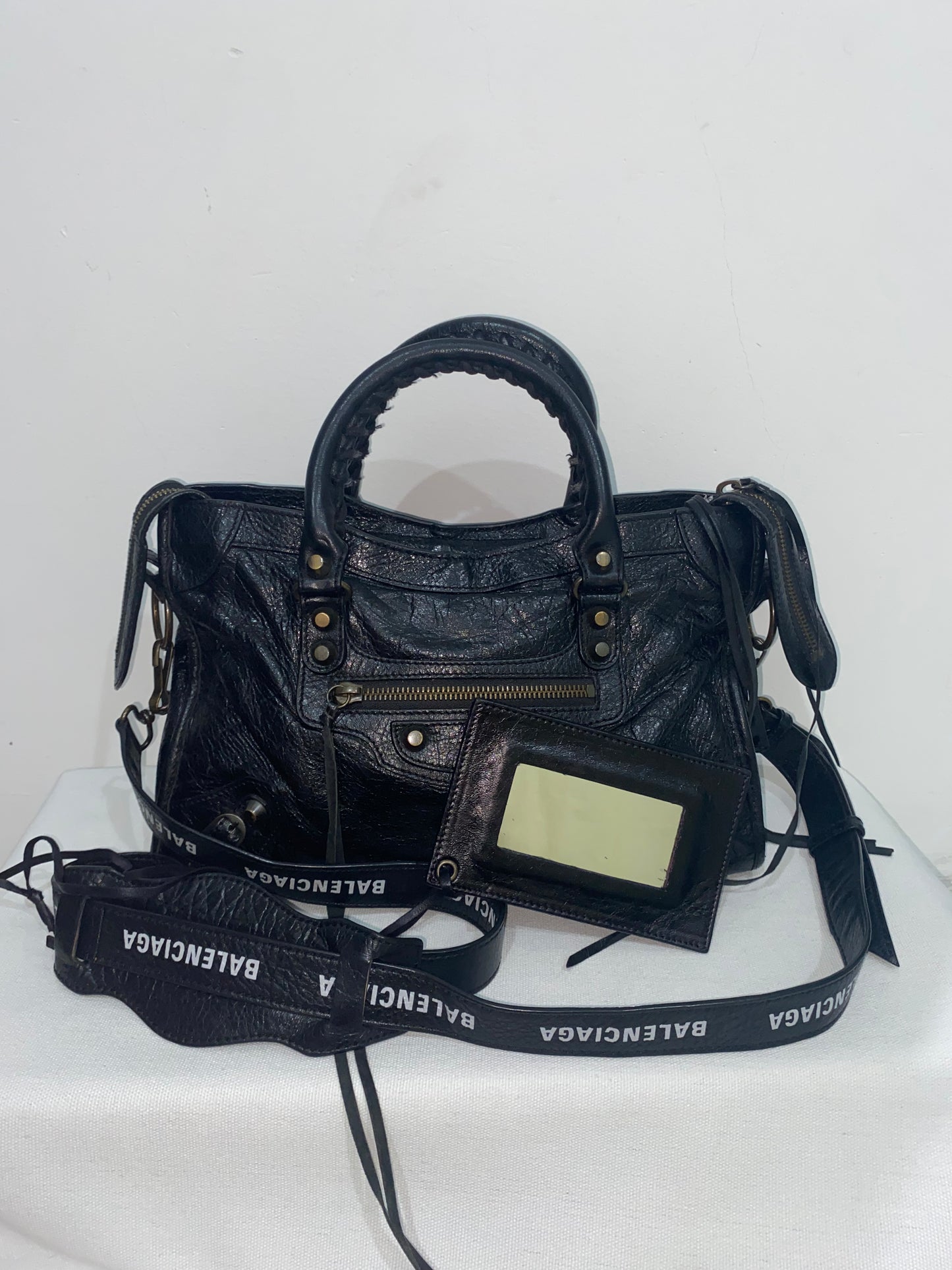 Balenciaga Classic City Black Leather Bag with Logo Strap