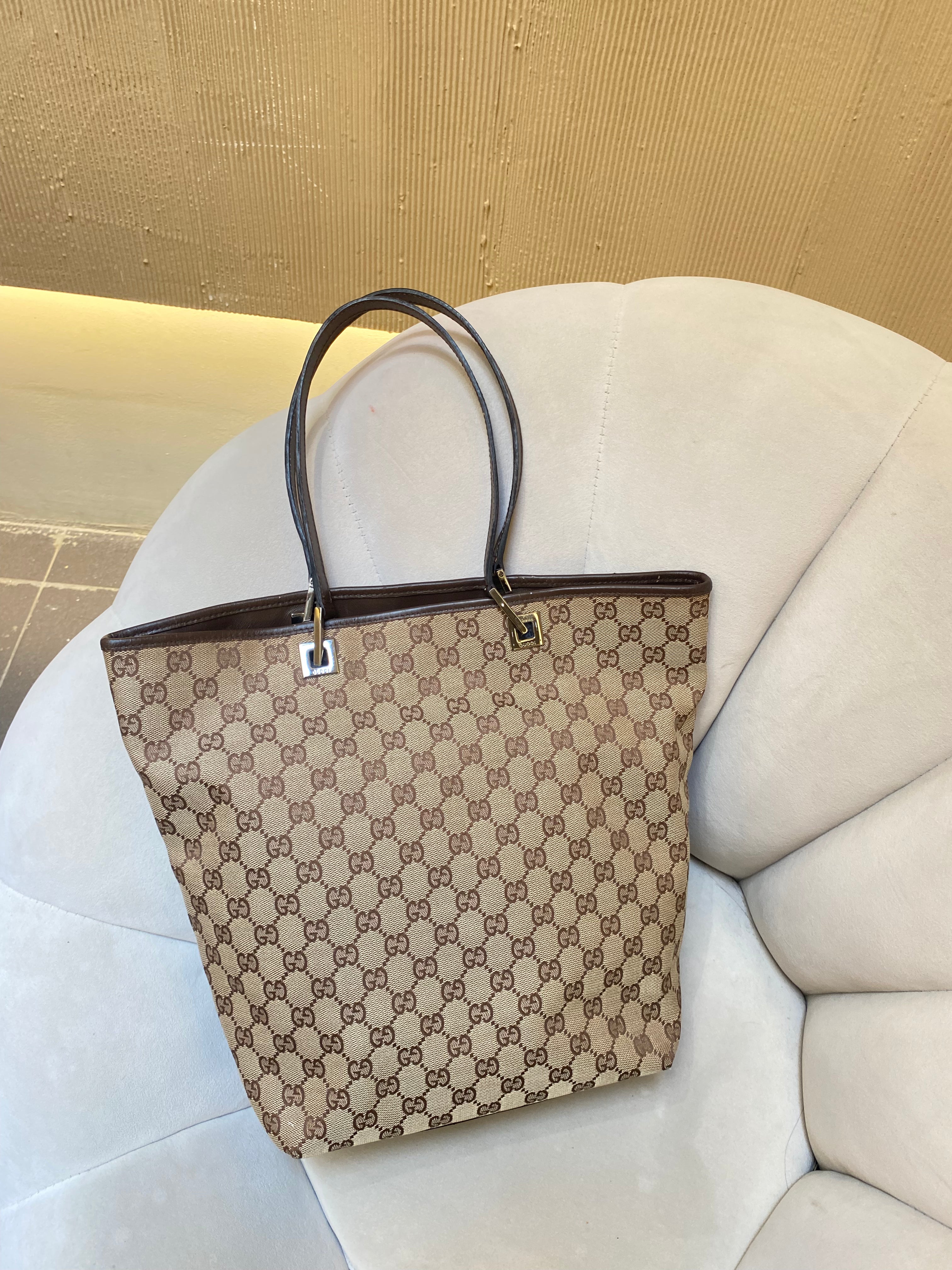 GUCCI GG Canvas and Leather Open Top Brown Tote