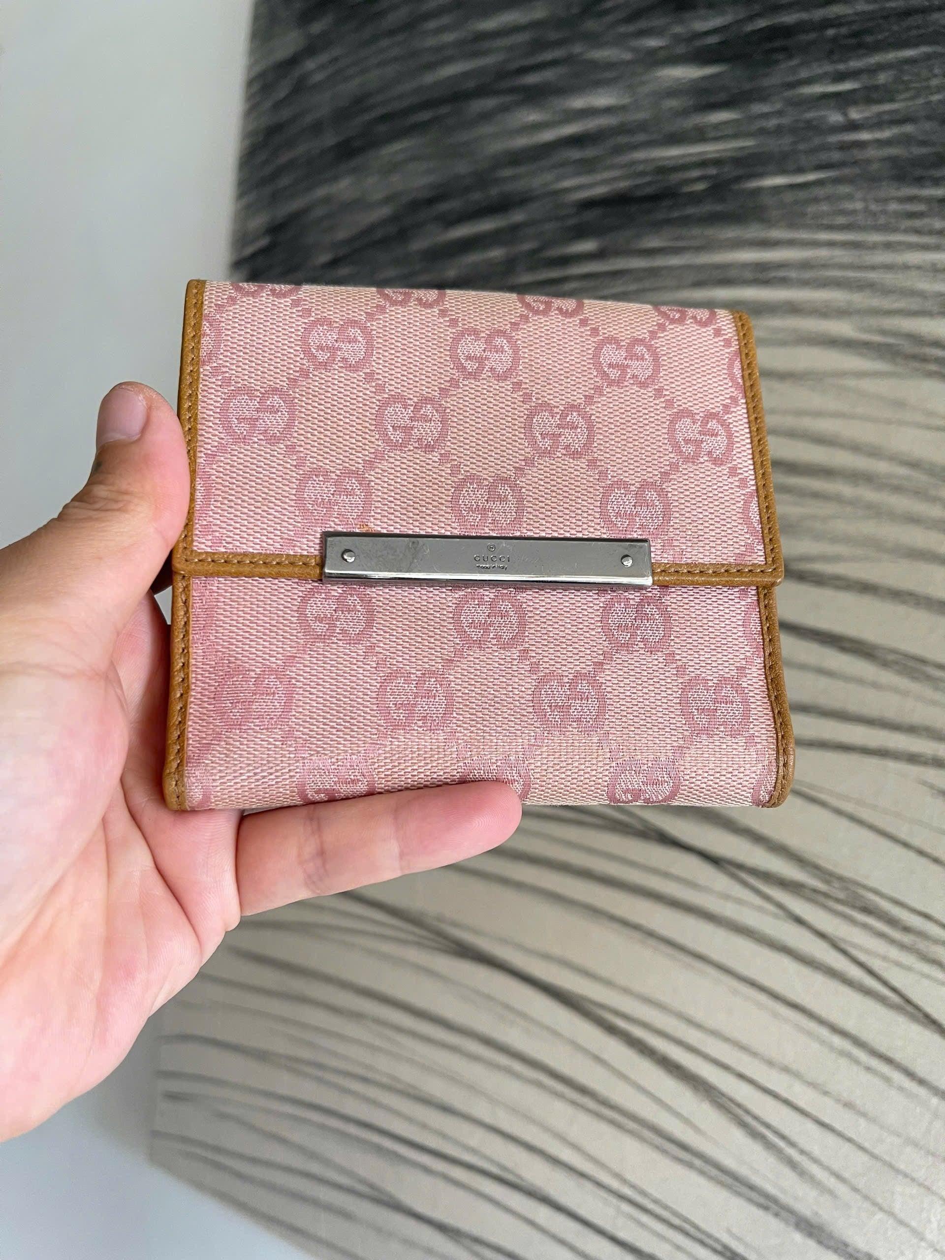 Gucci Monogram Metal Bar French Flap Wallet Pink