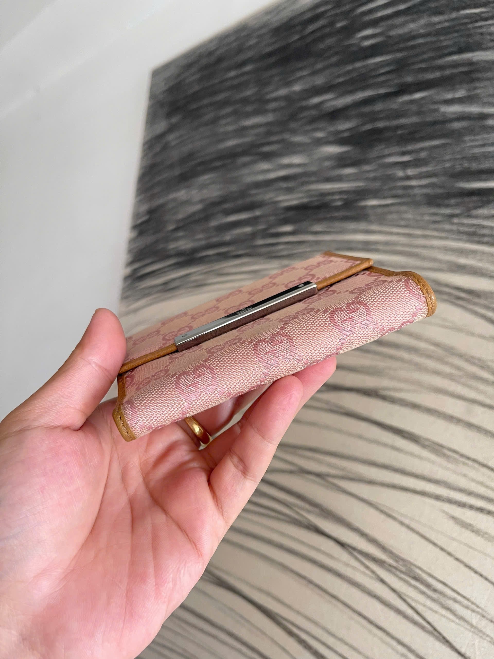 Gucci Monogram Metal Bar French Flap Wallet Pink