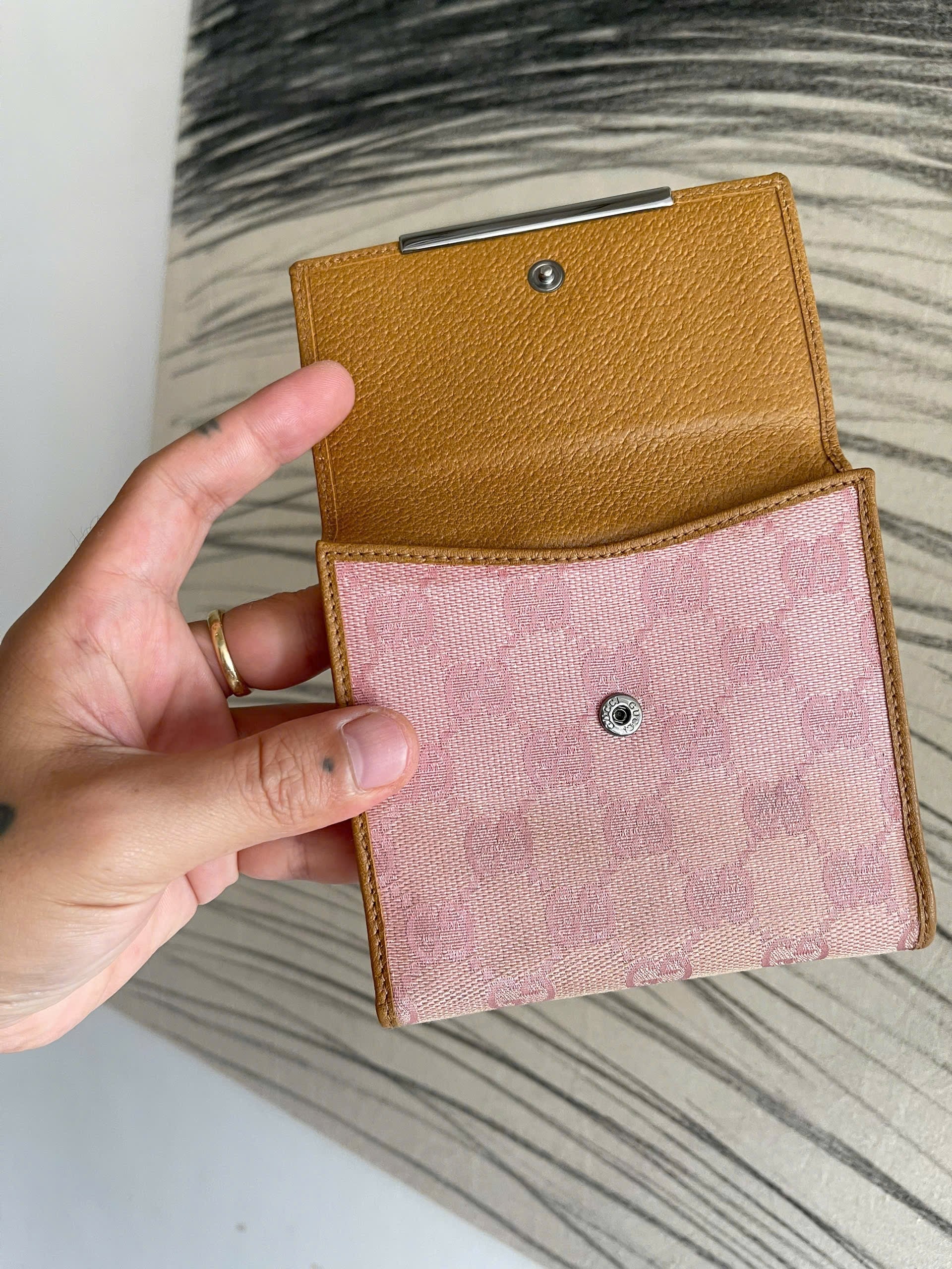 Gucci Monogram Metal Bar French Flap Wallet Pink