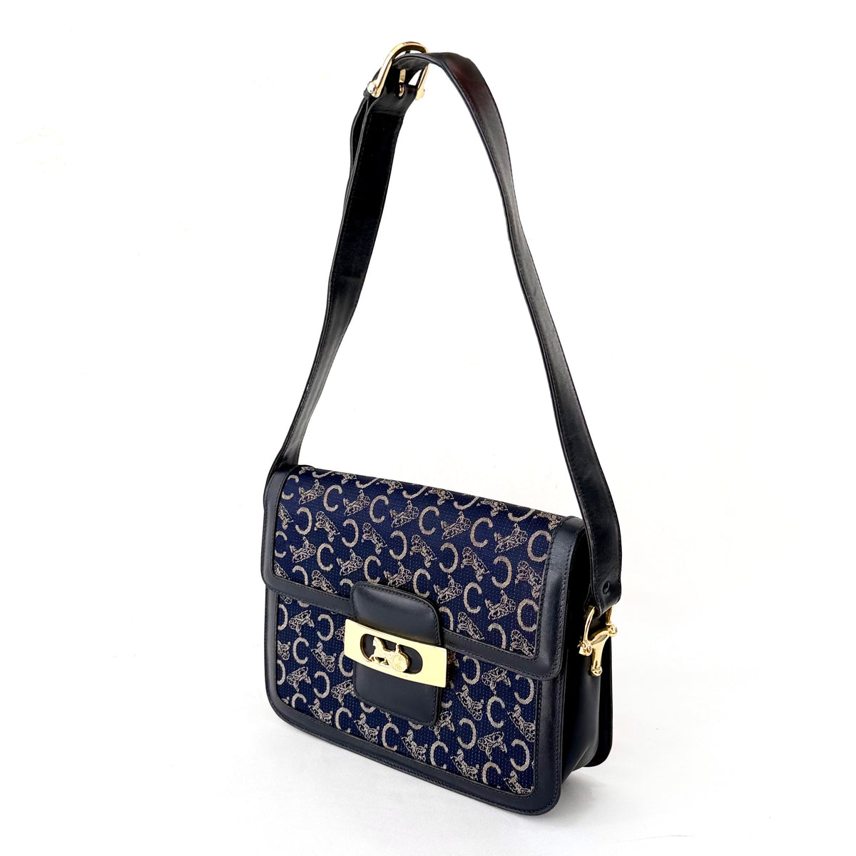 Celine Vintage Blue C Carriage Canvas Box Flap Shoulder Bag