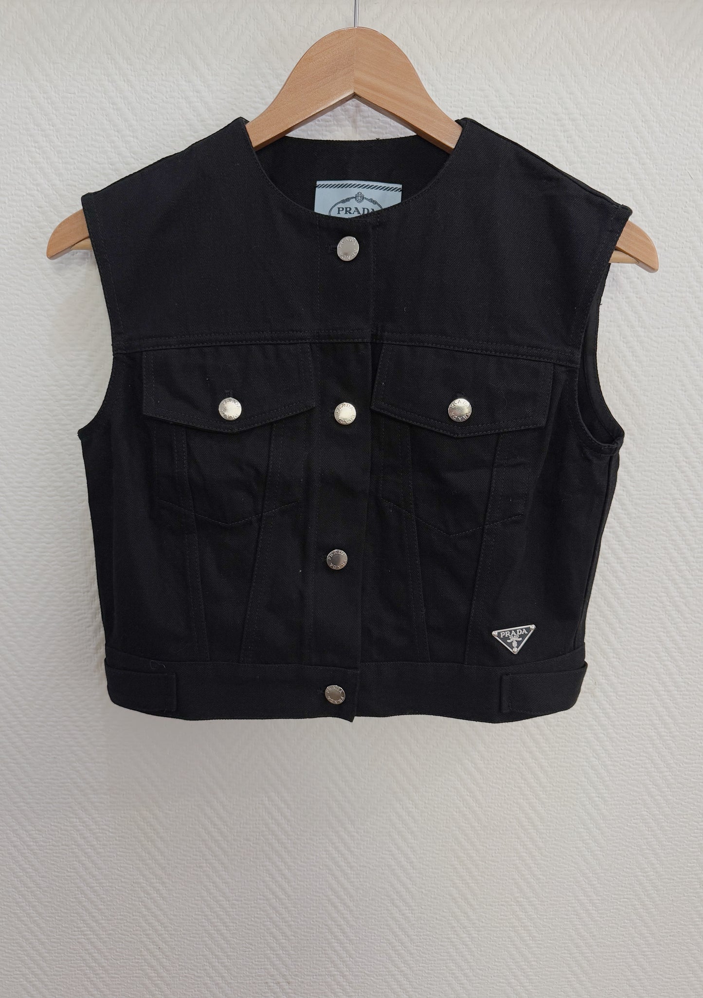 Prada Black Cotton Denim Single-Breasted Vest With Iconic Triangle Logo Patch