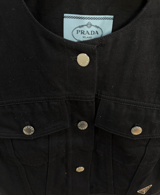 Prada Black Cotton Denim Single-Breasted Vest With Iconic Triangle Logo Patch