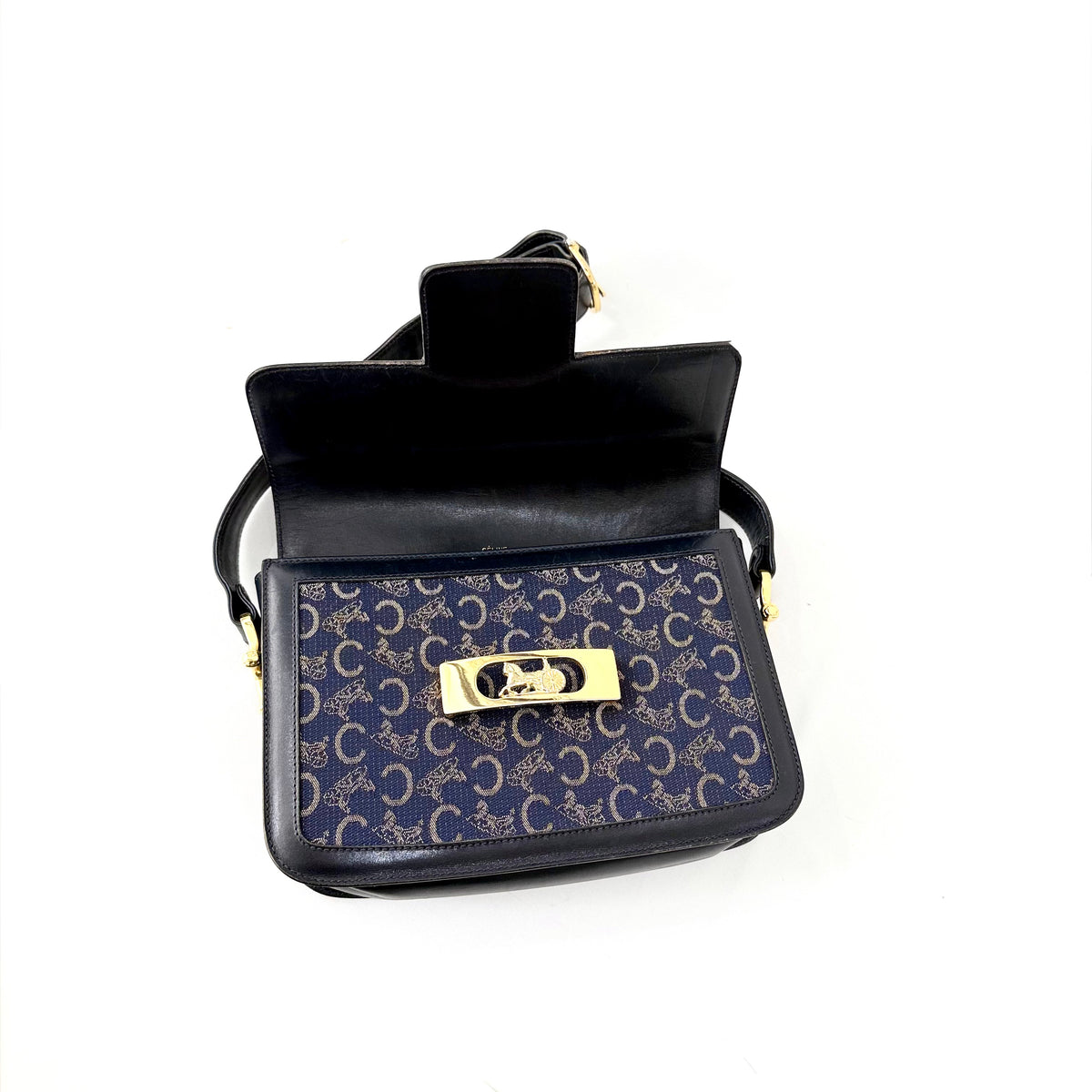 Celine Vintage Blue C Carriage Canvas Box Flap Shoulder Bag