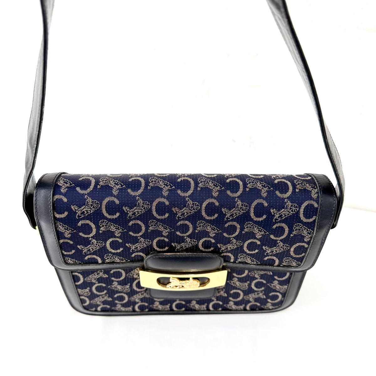 Celine Vintage Blue C Carriage Canvas Box Flap Shoulder Bag