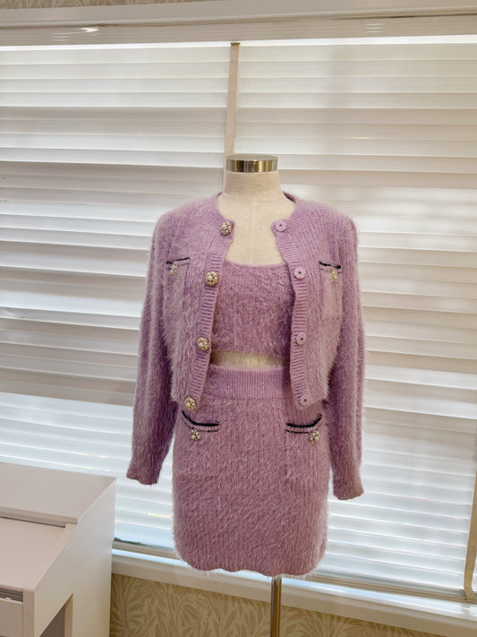 Self Portrait Lilac Fluffy Knit Cardigan/Skirt/Croptop