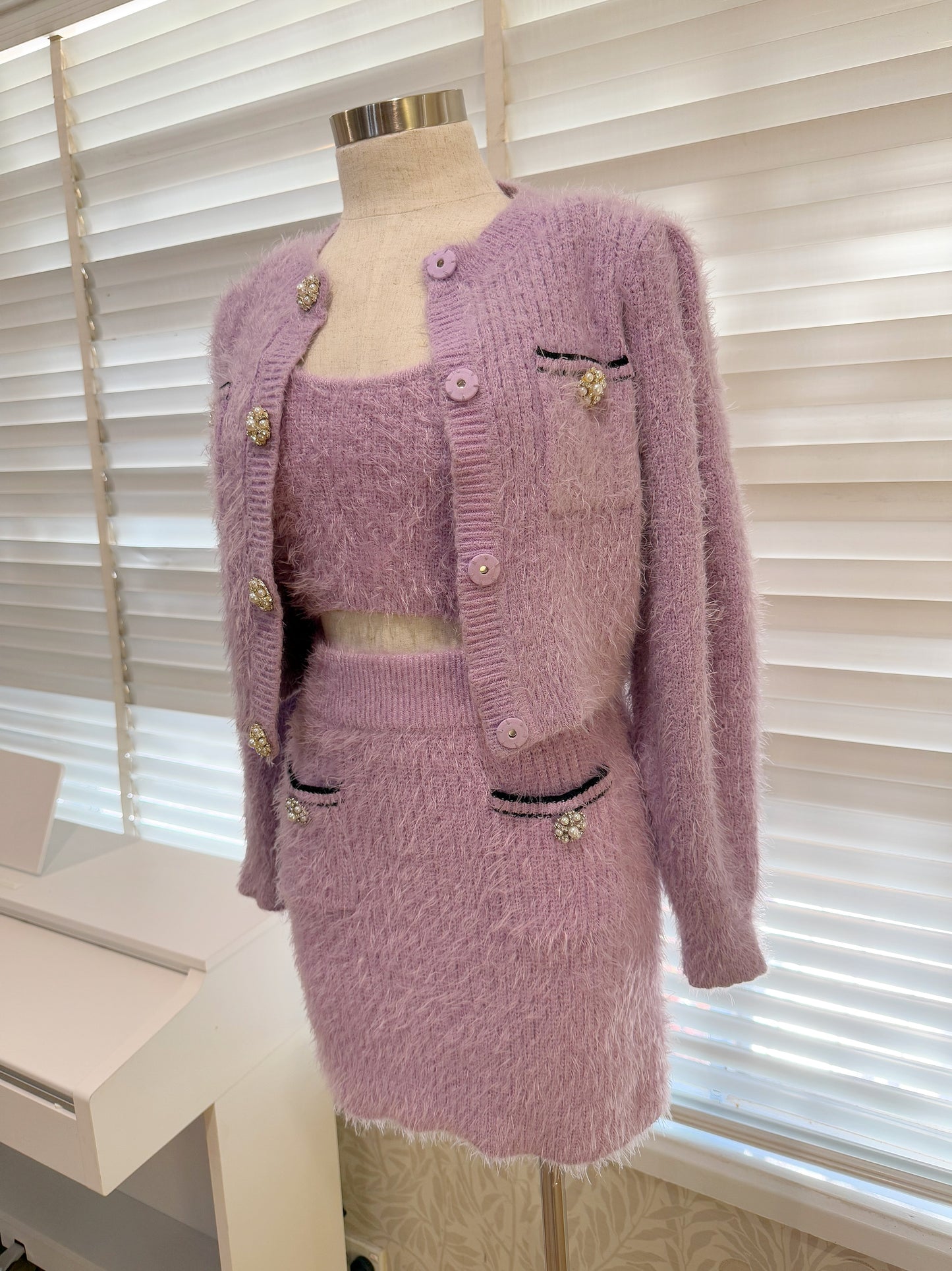 Self Portrait Lilac Fluffy Knit Cardigan/Skirt/Croptop