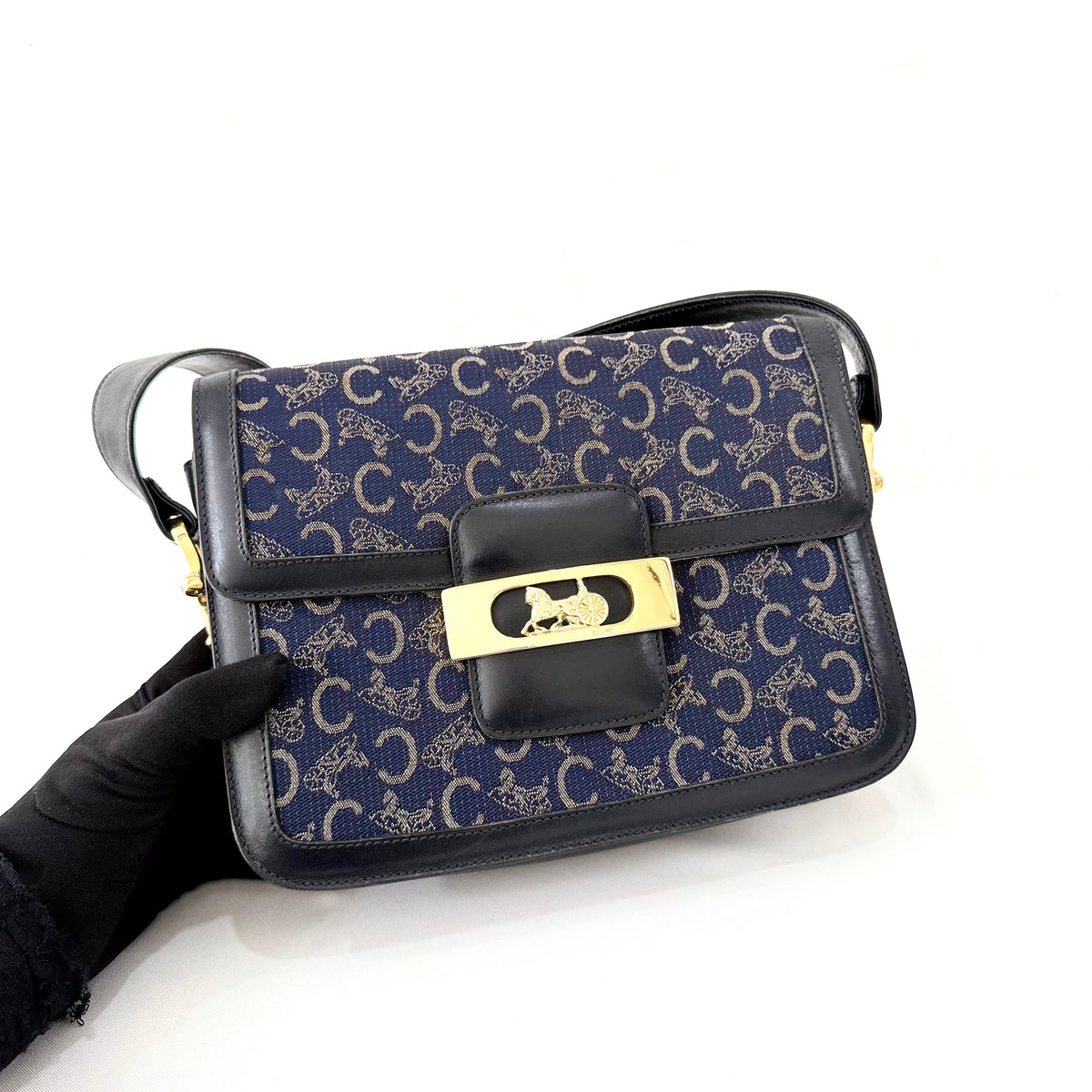 Celine Vintage Blue C Carriage Canvas Box Flap Shoulder Bag