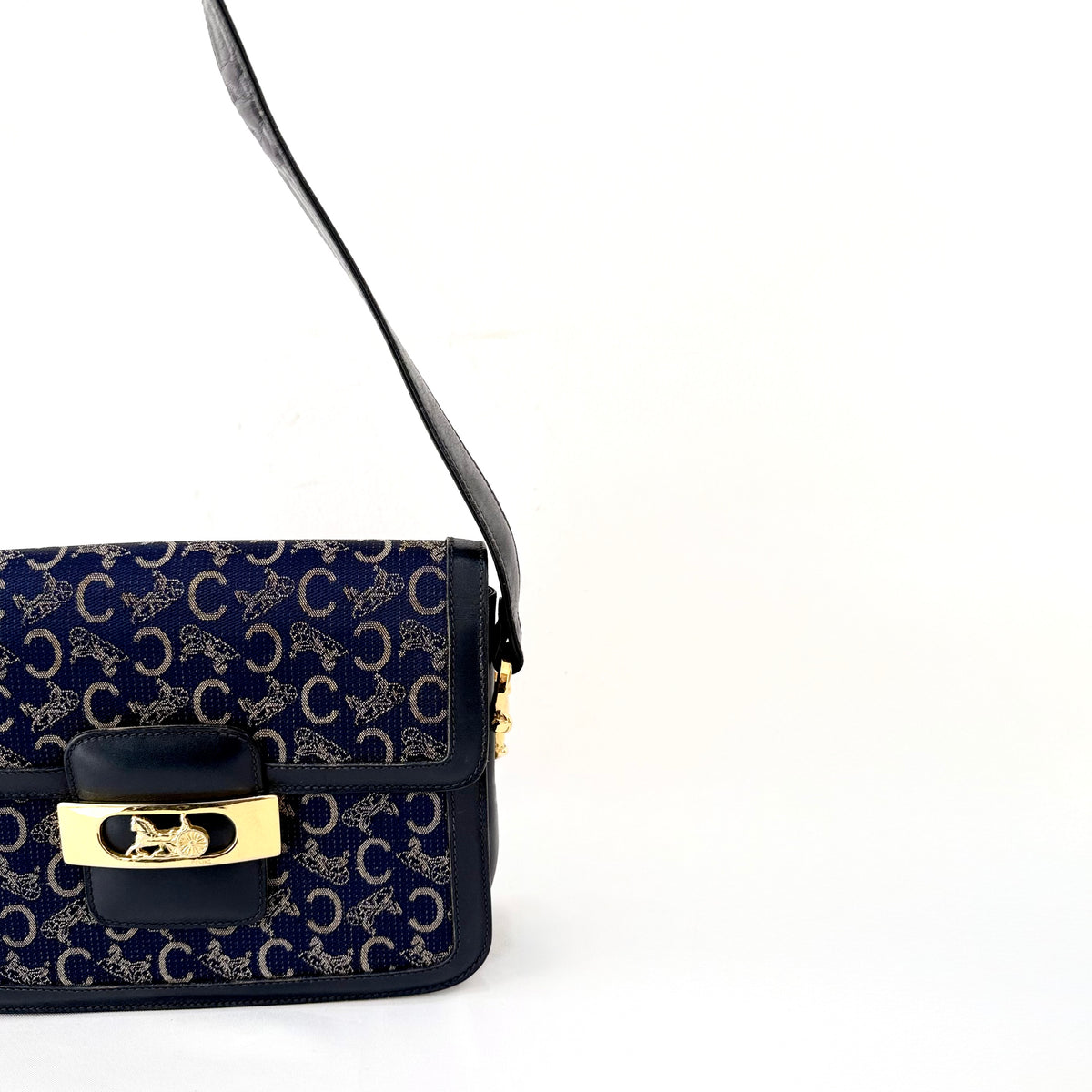 Celine Vintage Blue C Carriage Canvas Box Flap Shoulder Bag