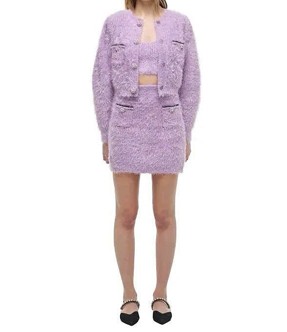 Self Portrait Lilac Fluffy Knit Cardigan/Skirt/Croptop