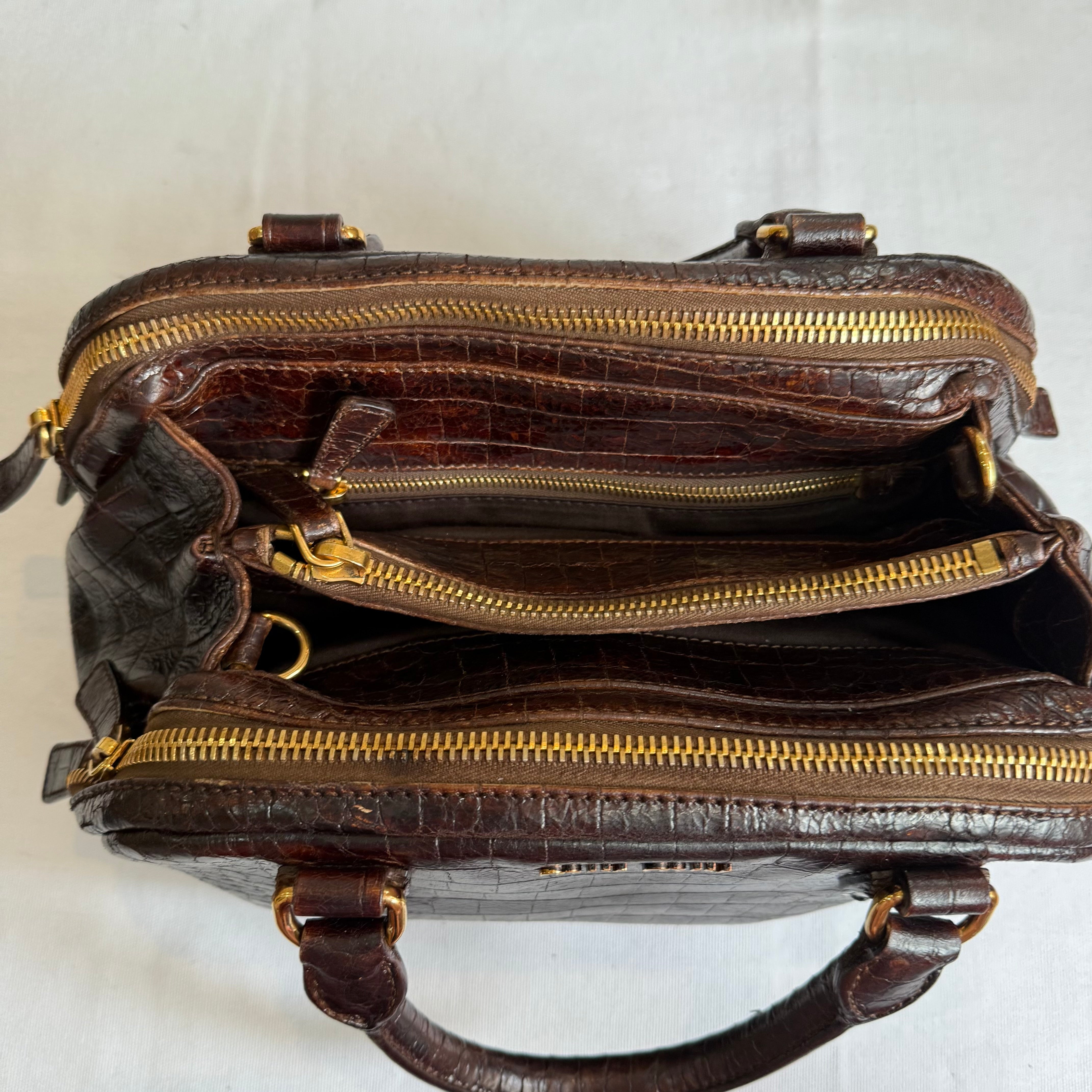 Miu Miu Beige Croc Embossed Patent Leather Bowling Bag