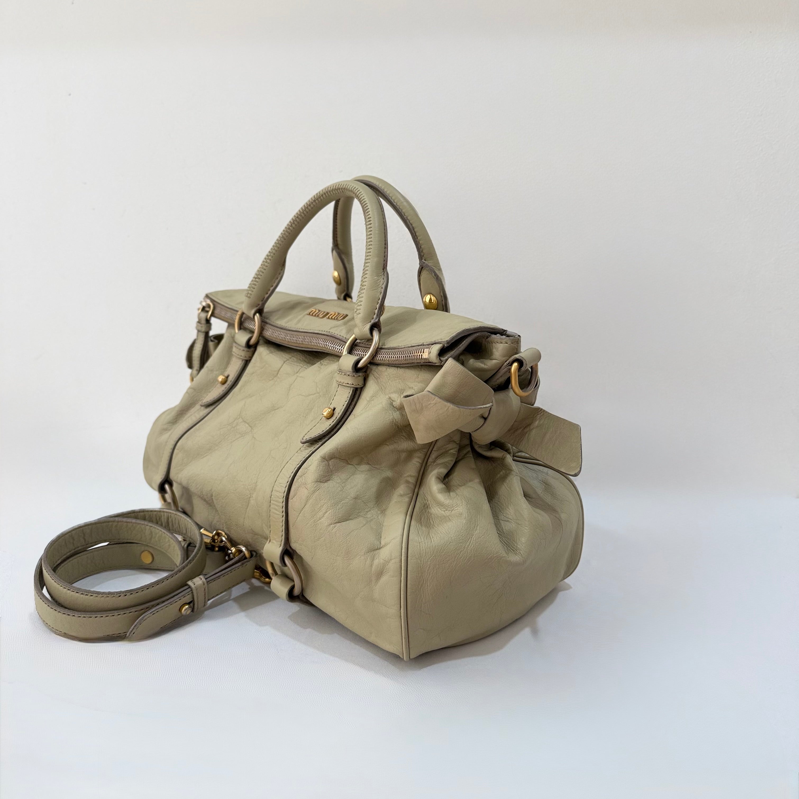 Miu Miu Vitello Lux Leather Bow Satchel Light Brown