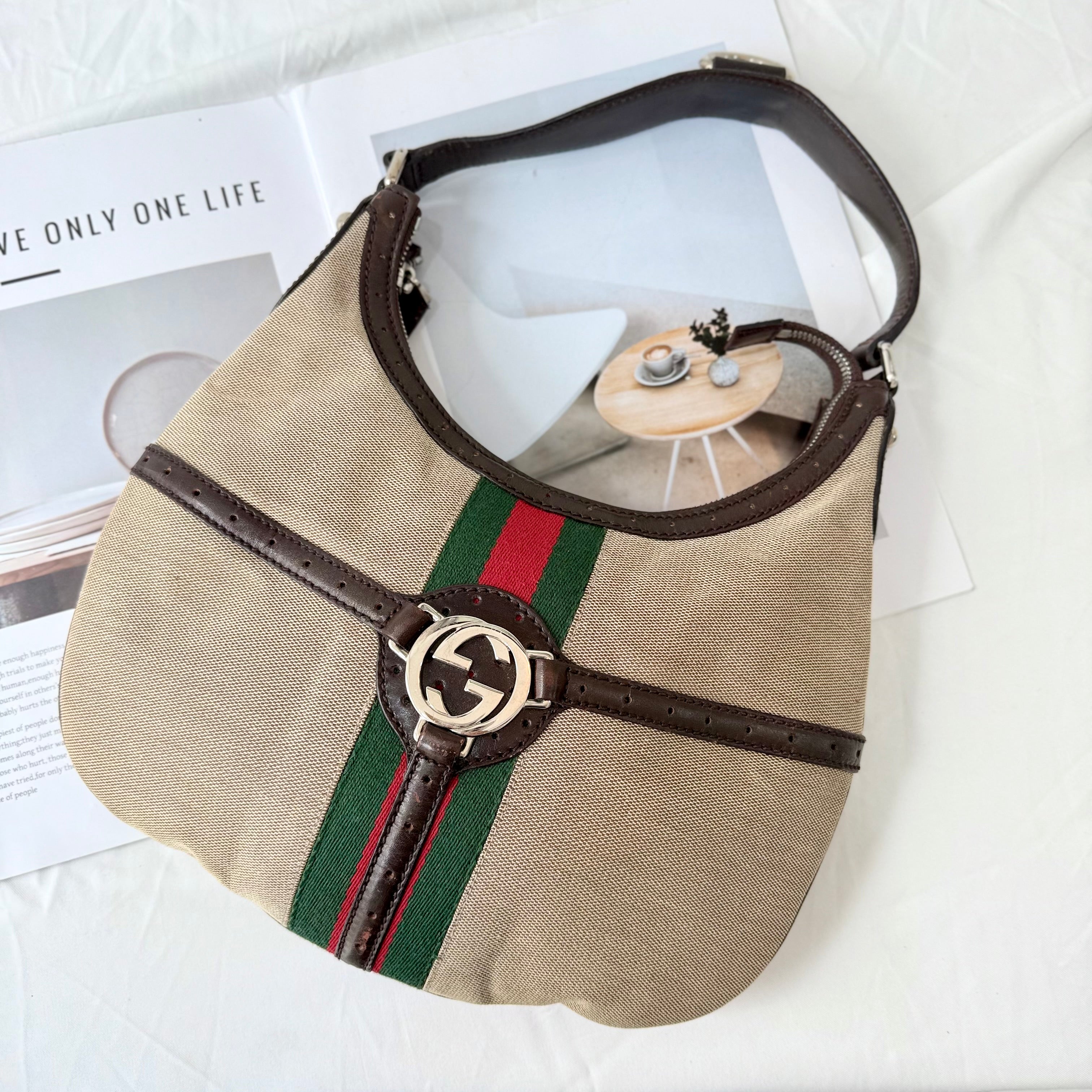 Gucci Vintage Monogram Signature Reins Shoulder Hobo Bag