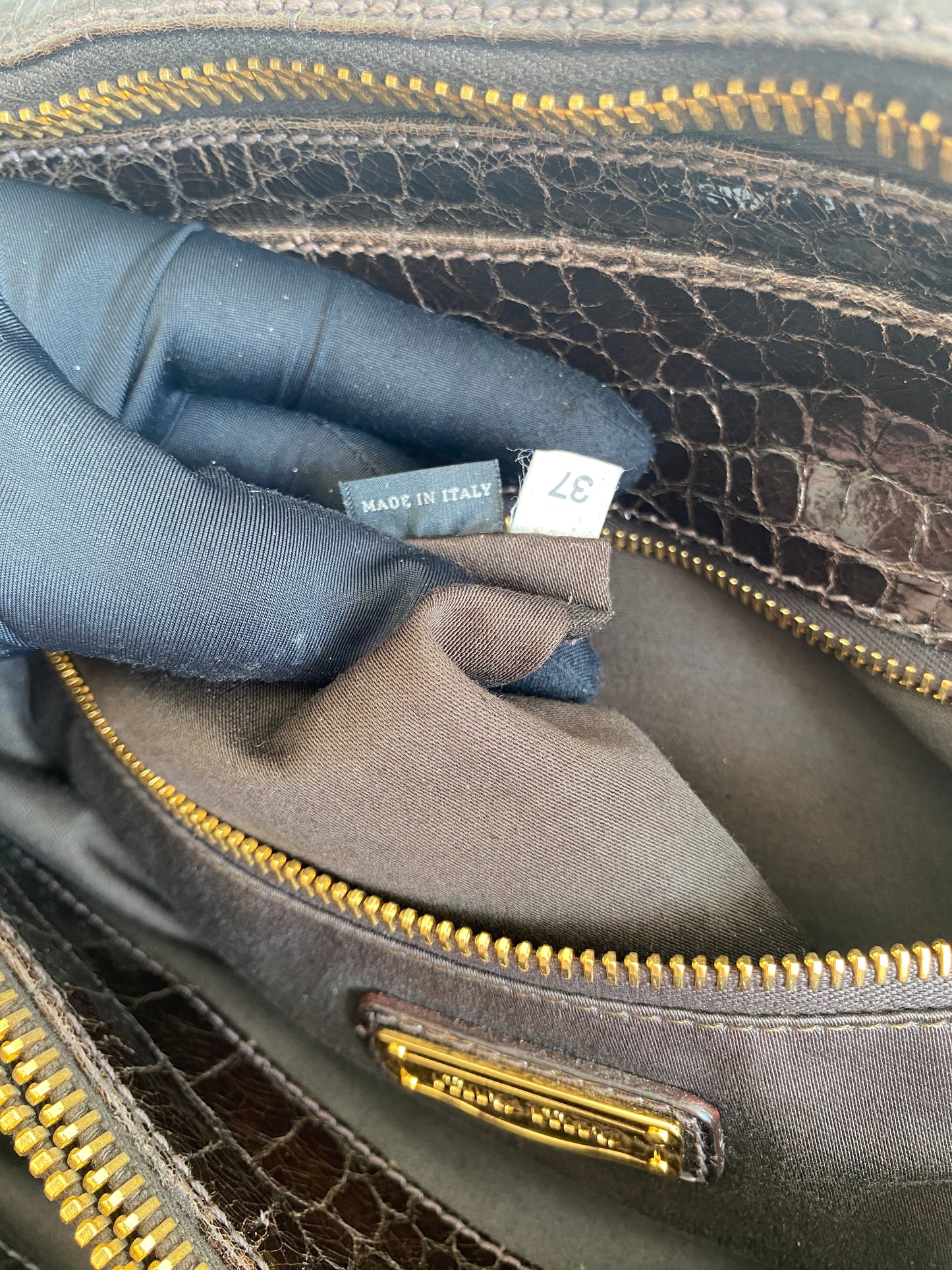 Miu Miu Brown Croc Embossed Leather Triple Zip Satchel