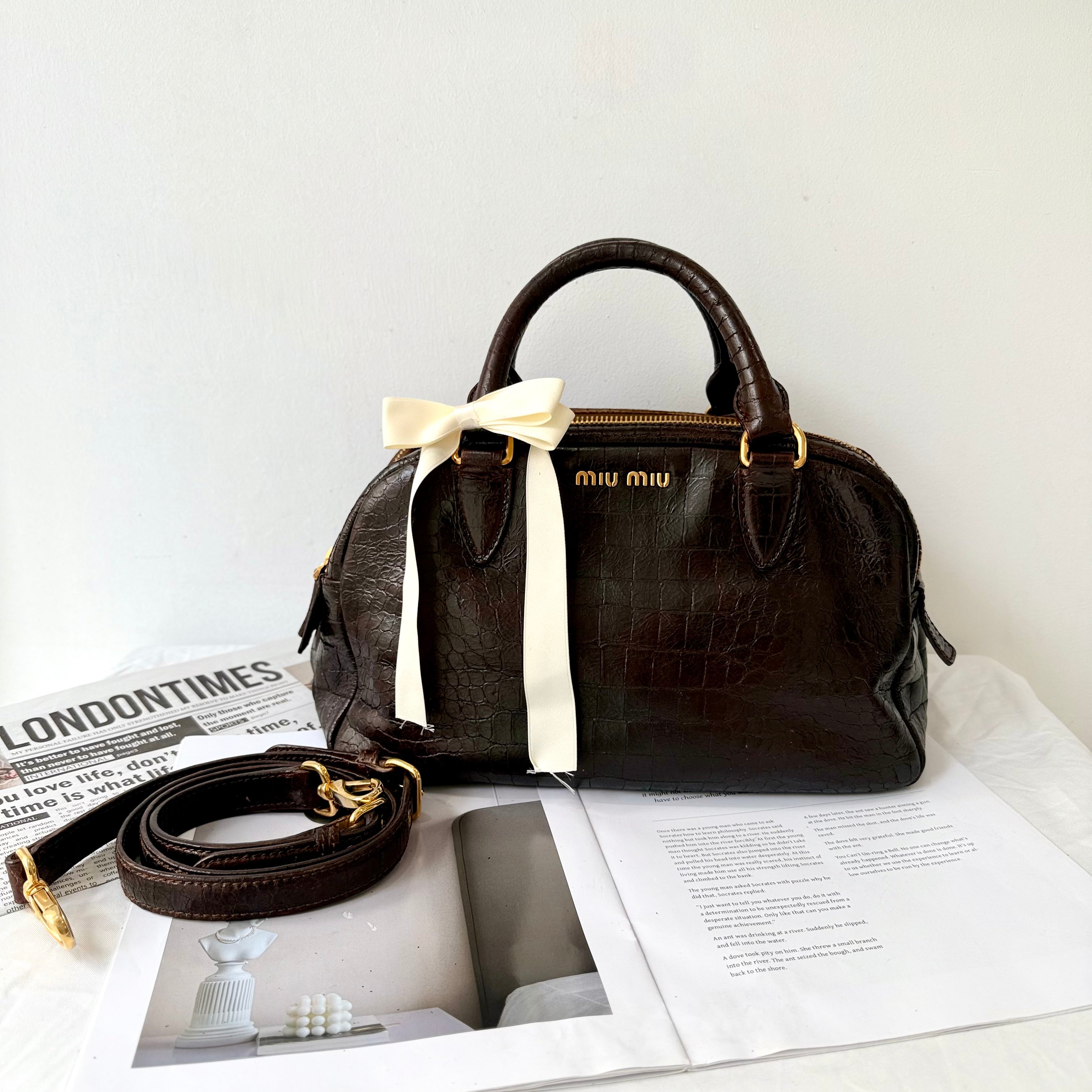 Miu Miu Beige Croc Embossed Patent Leather Bowling Bag