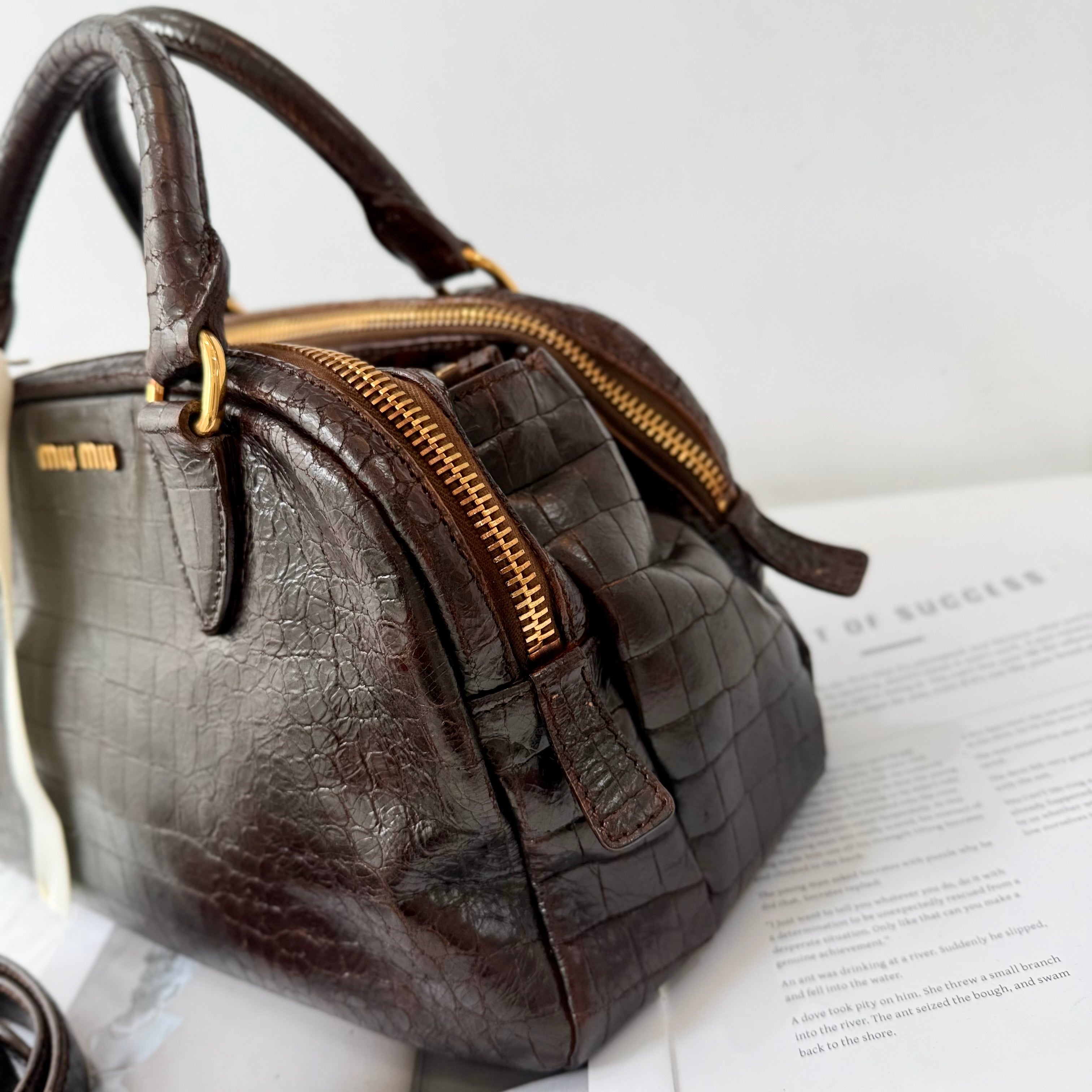 Miu Miu Beige Croc Embossed Patent Leather Bowling Bag