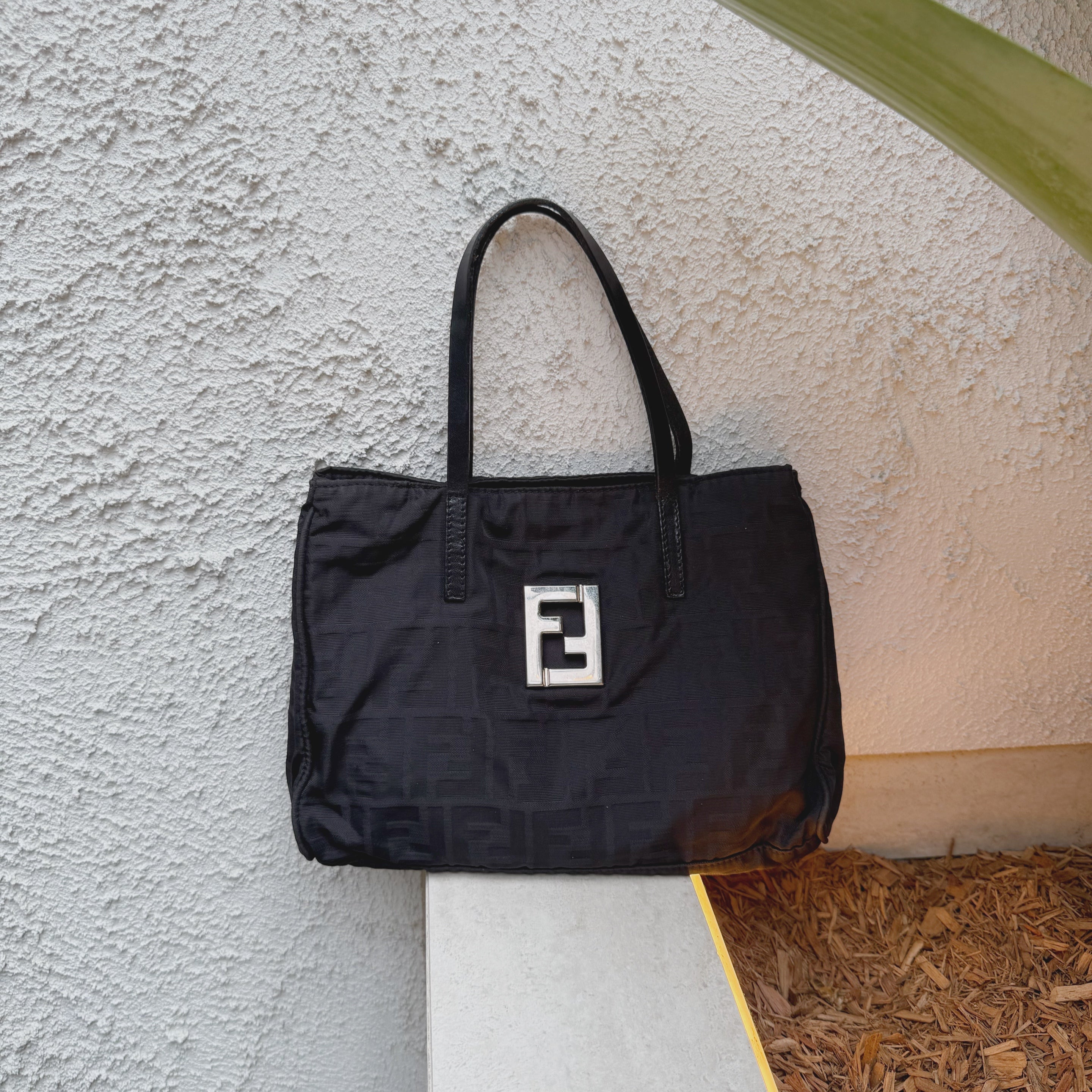 Fendi Silver Logo Mini Zucca Nylon Black Tote Bag