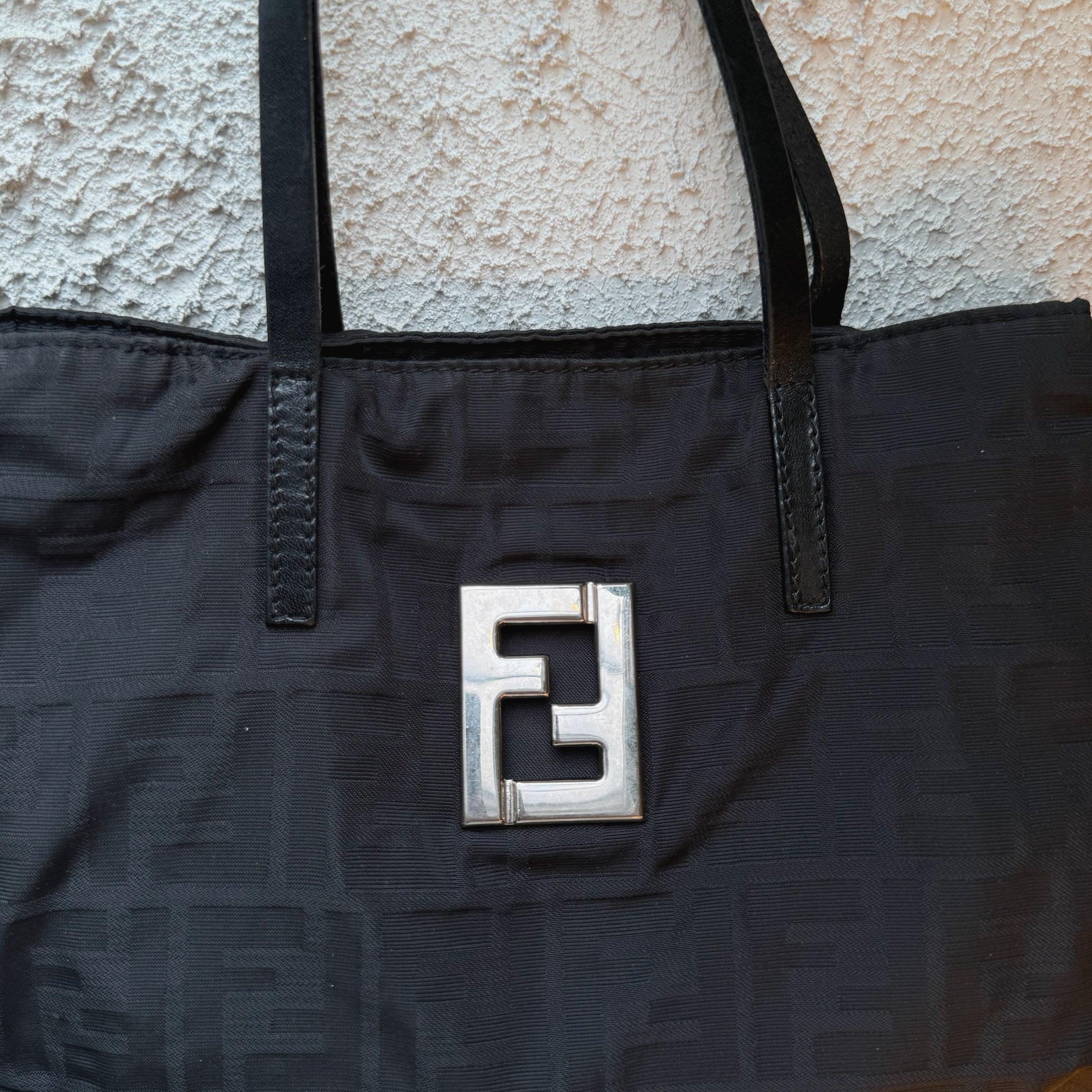 Fendi Silver Logo Mini Zucca Nylon Black Tote Bag