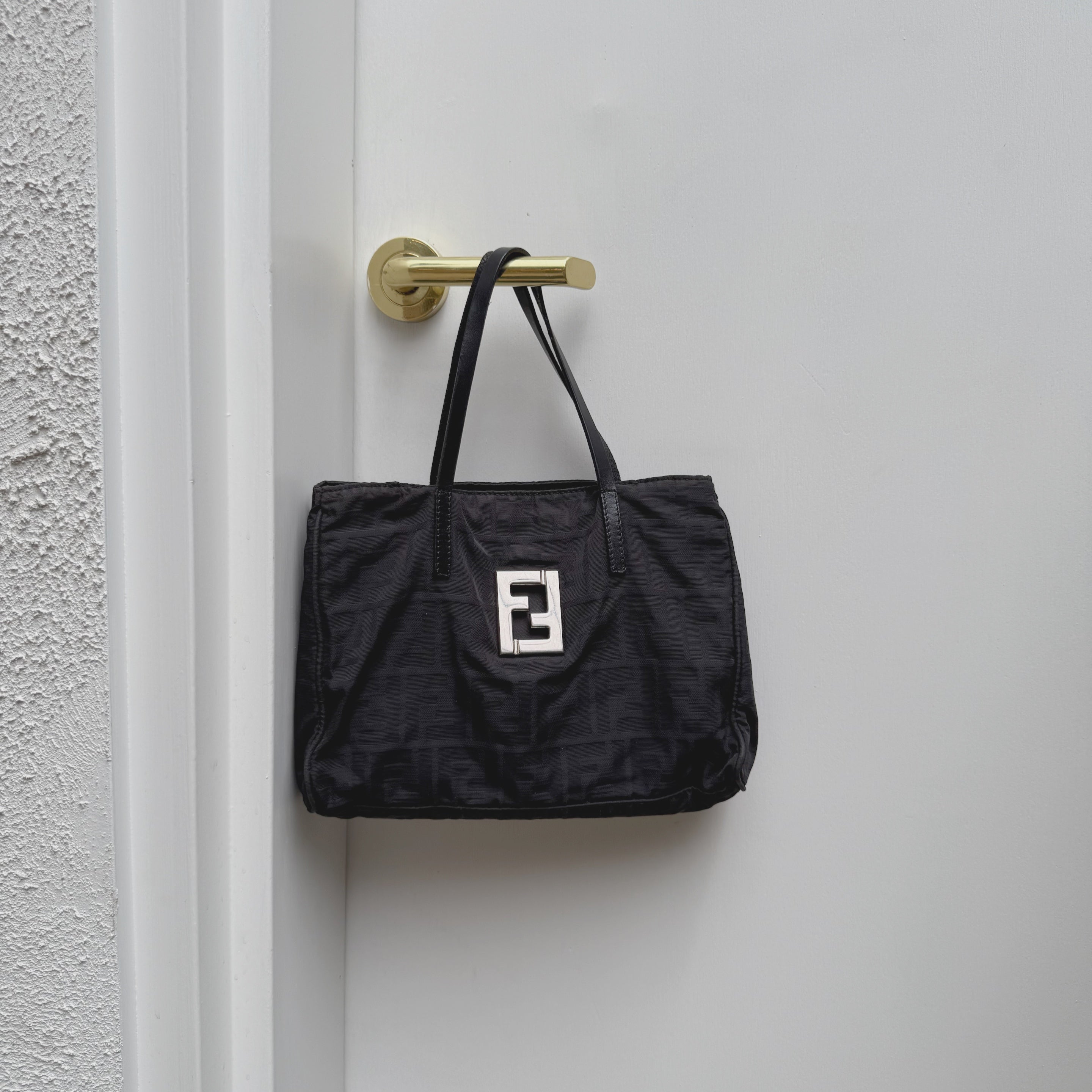 Fendi Silver Logo Mini Zucca Nylon Black Tote Bag