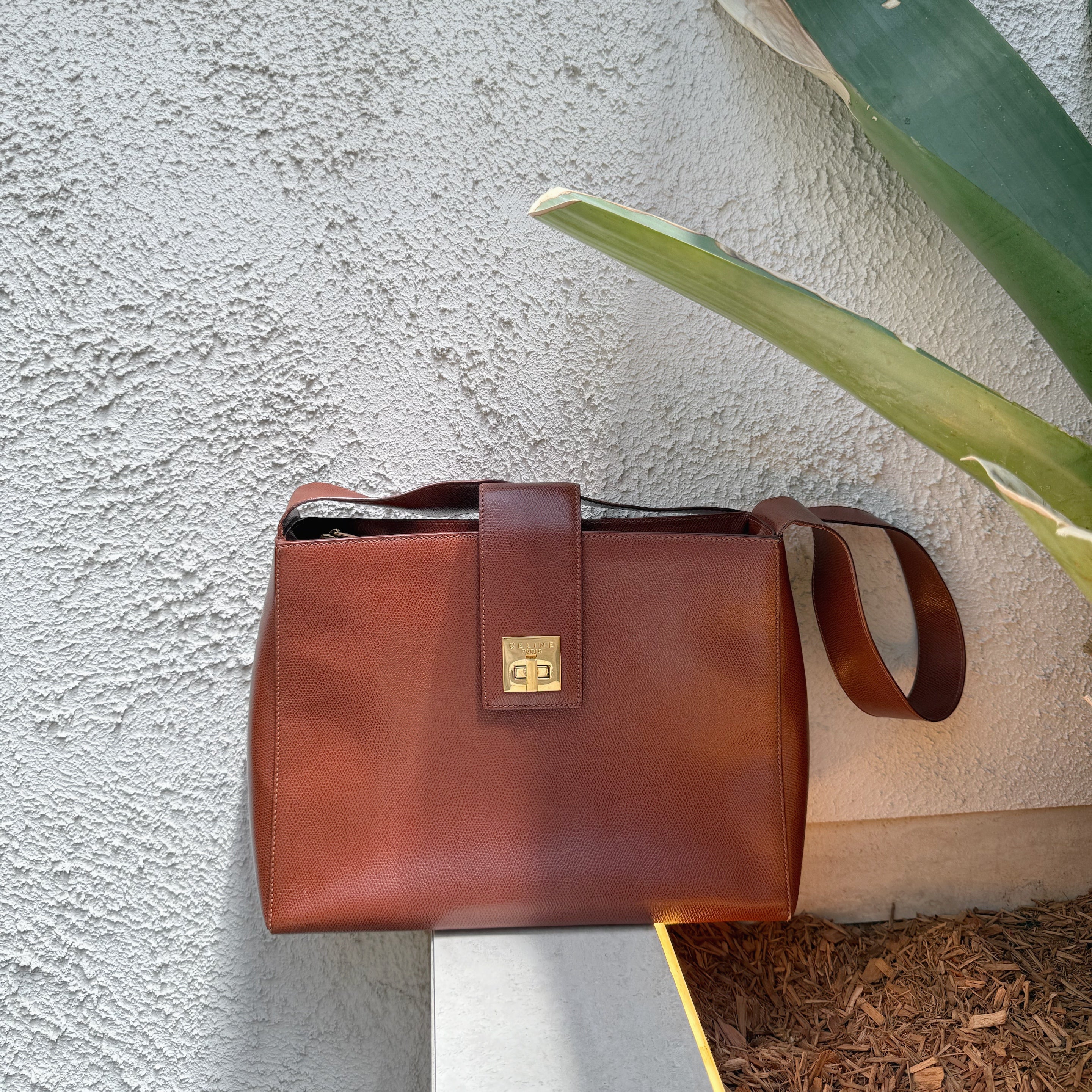 Celine Vintage Cognac Brown Leather Shoulder Bag