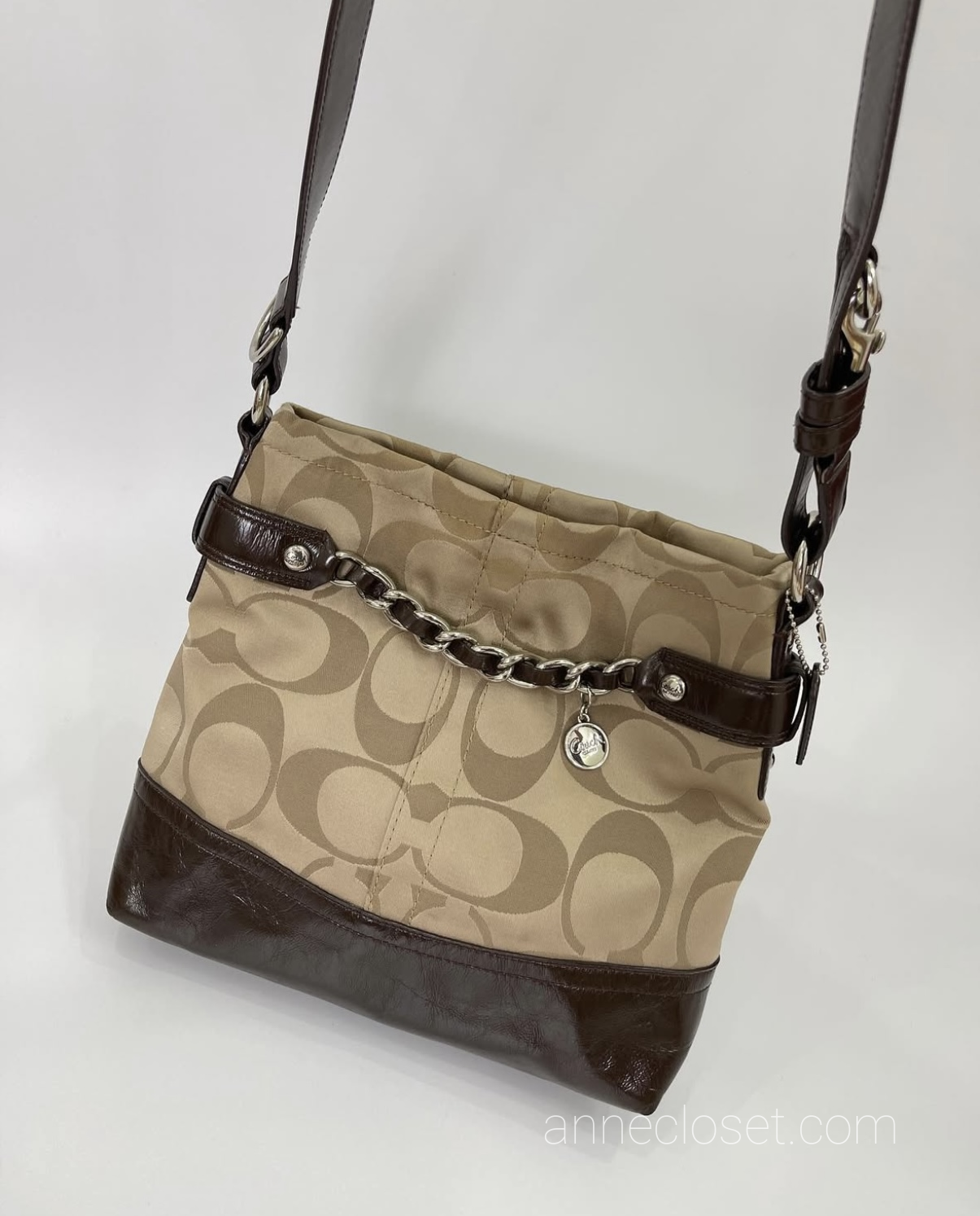 Coach Signature Leather Sateen Tan Brown Crossbody