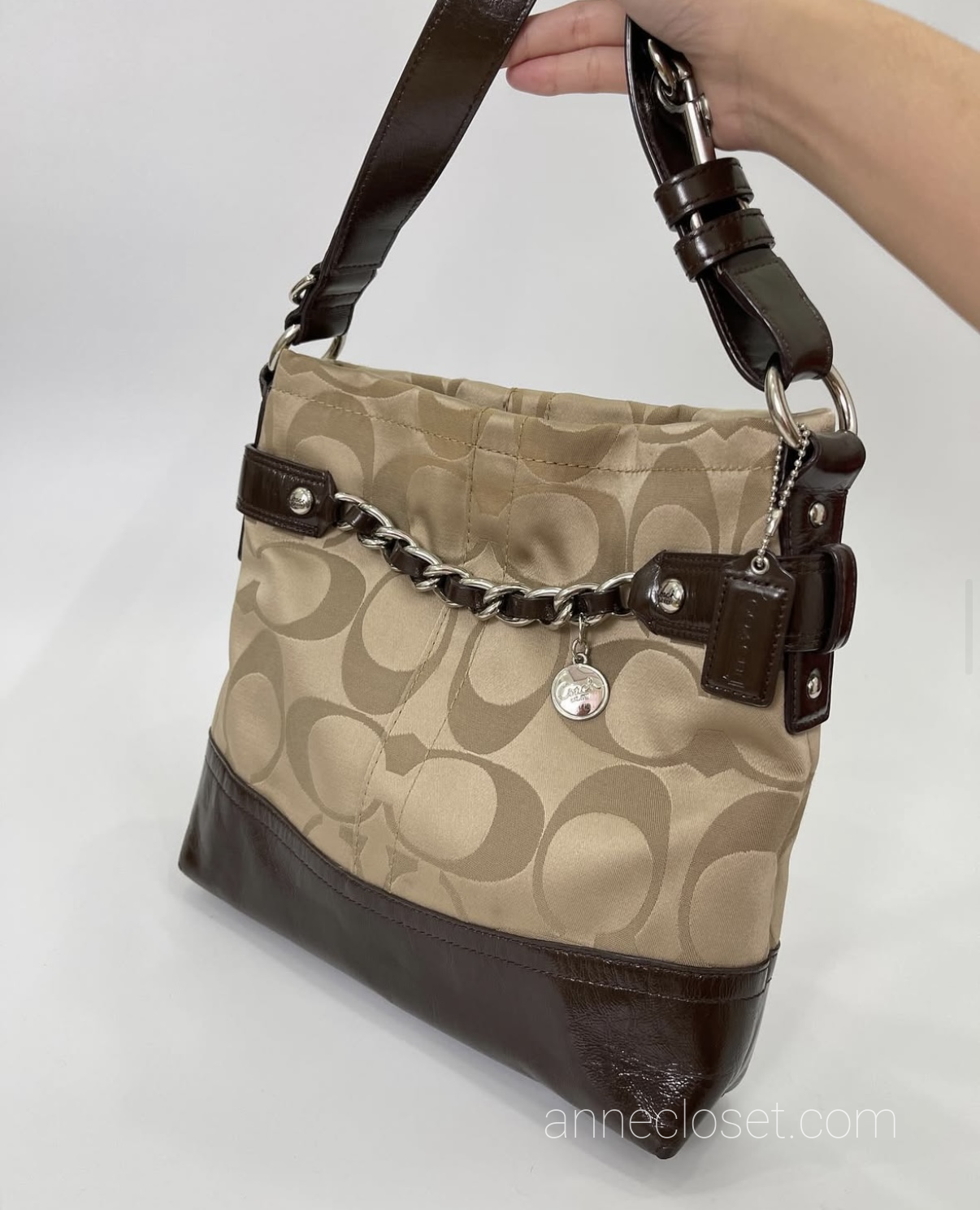Coach Signature Leather Sateen Tan Brown Crossbody