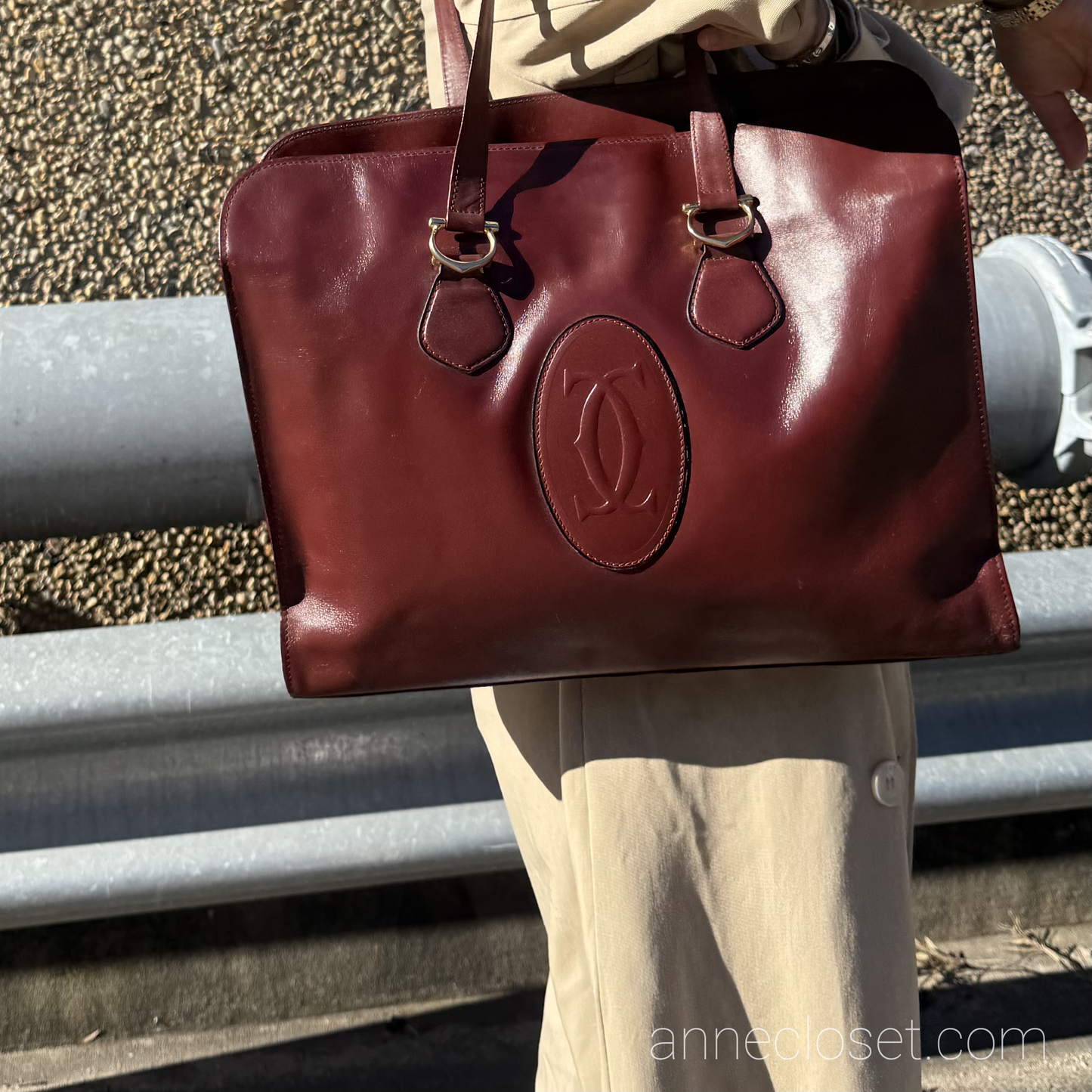 Cartier Vintage 1975 Burgundy Leather Large Logo Shoulder Tote Bag