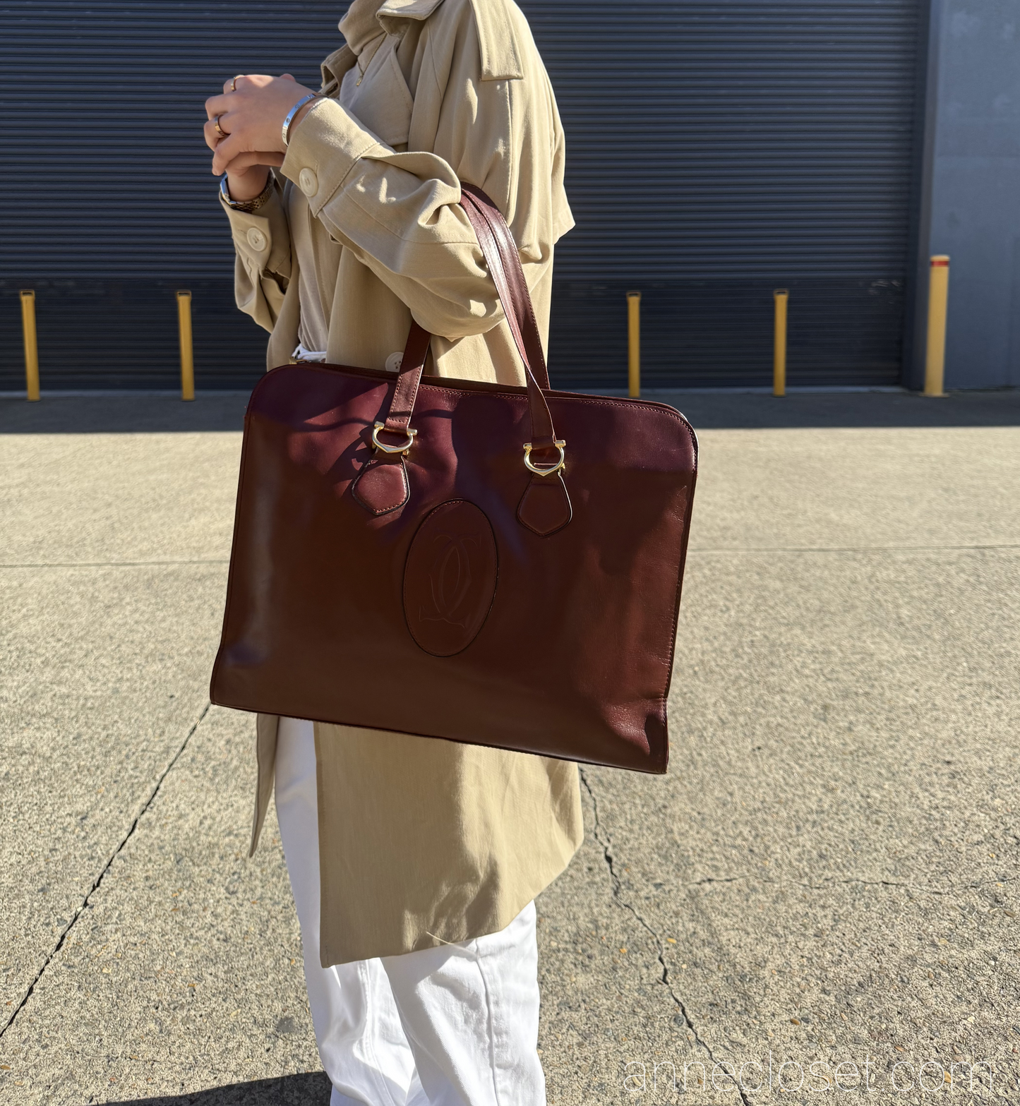Cartier Vintage 1975 Burgundy Leather Large Logo Shoulder Tote Bag