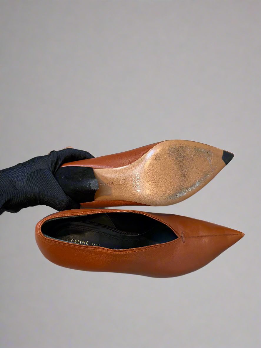 Celine Brown Leather V Neck Pointed Toe Pumps