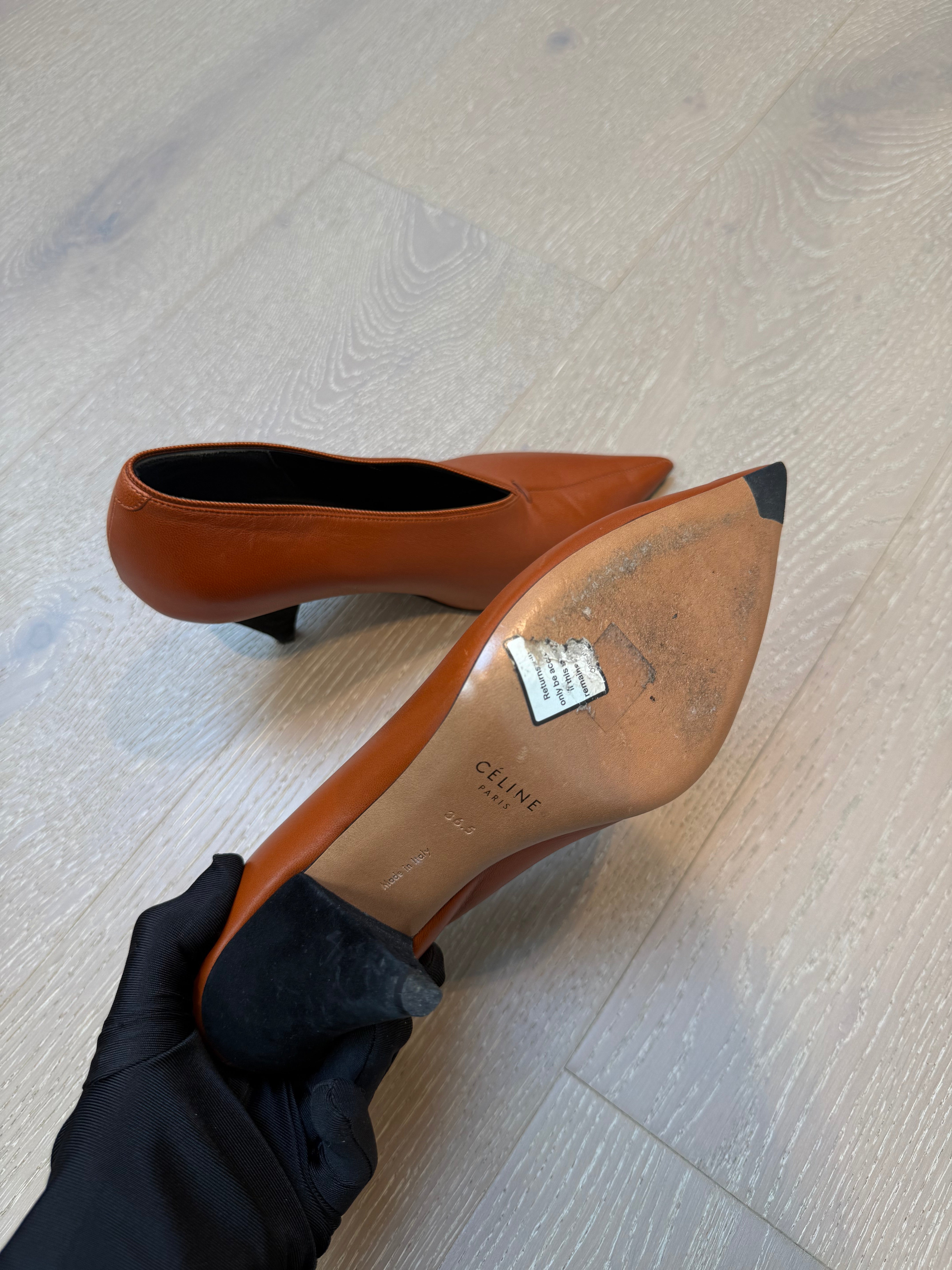 Celine Brown Leather V Neck Pointed Toe Pumps