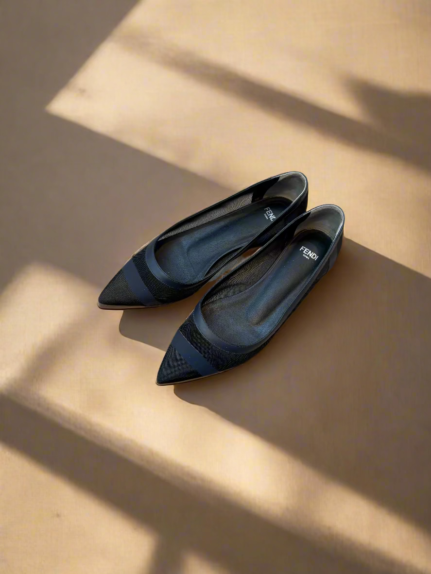FENDI Pumps Shoe Mesh Leather Black Navy Flat