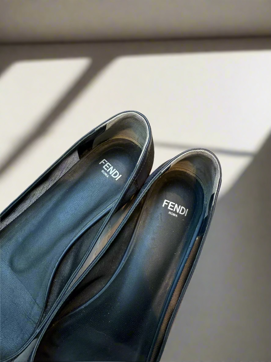 FENDI Pumps Shoe Mesh Leather Black Navy Flat
