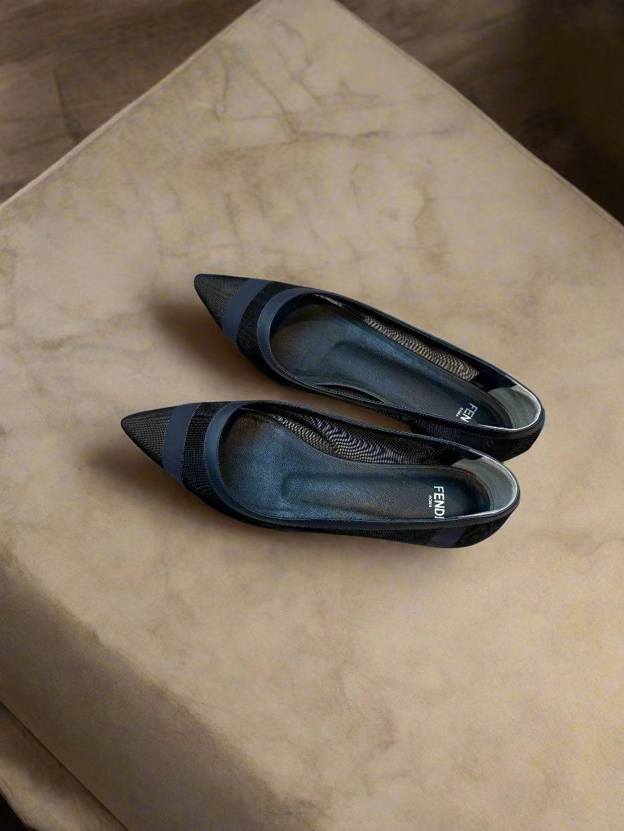 FENDI Pumps Shoe Mesh Leather Black Navy Flat