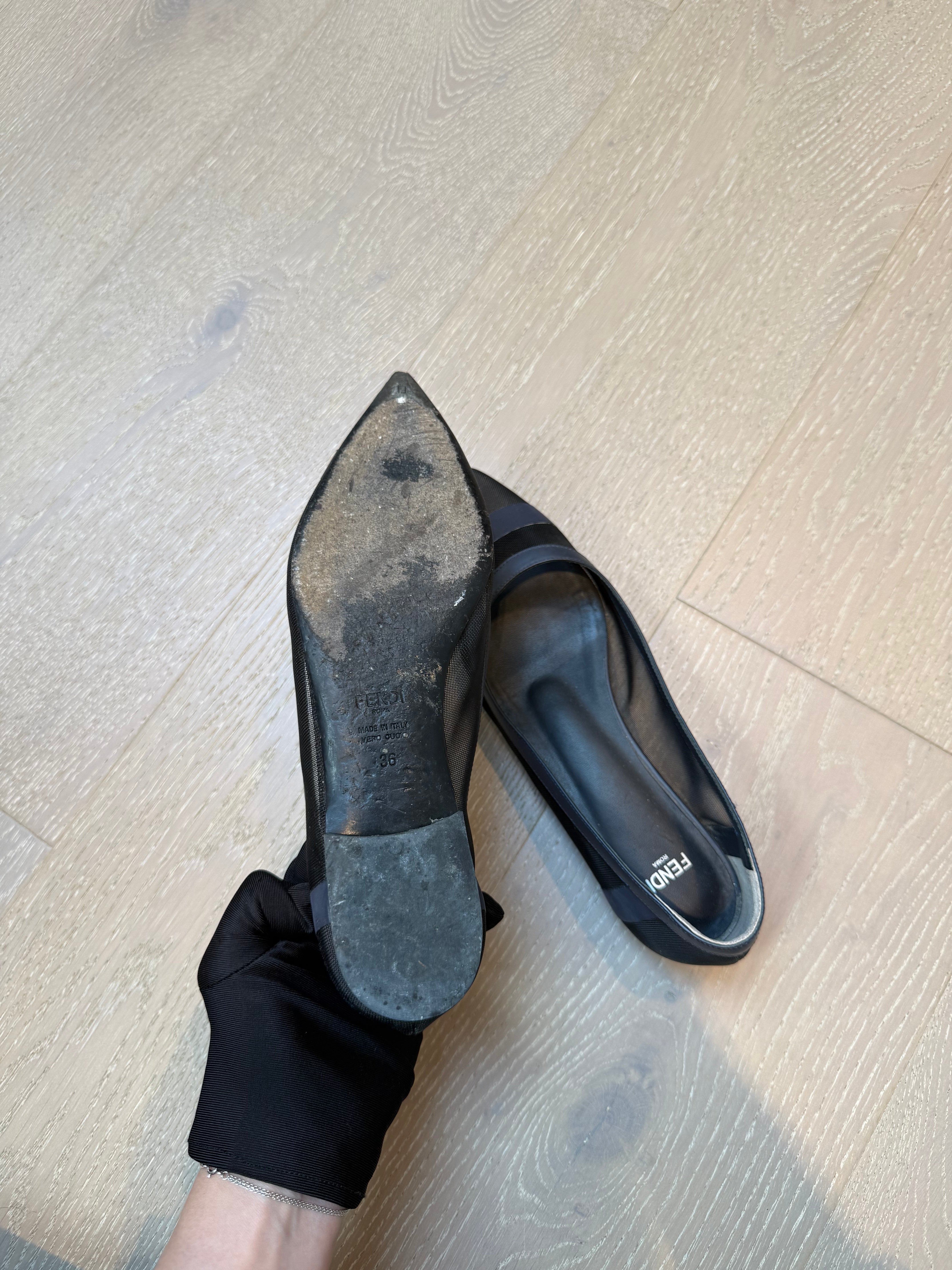 FENDI Pumps Shoe Mesh Leather Black Navy Flat