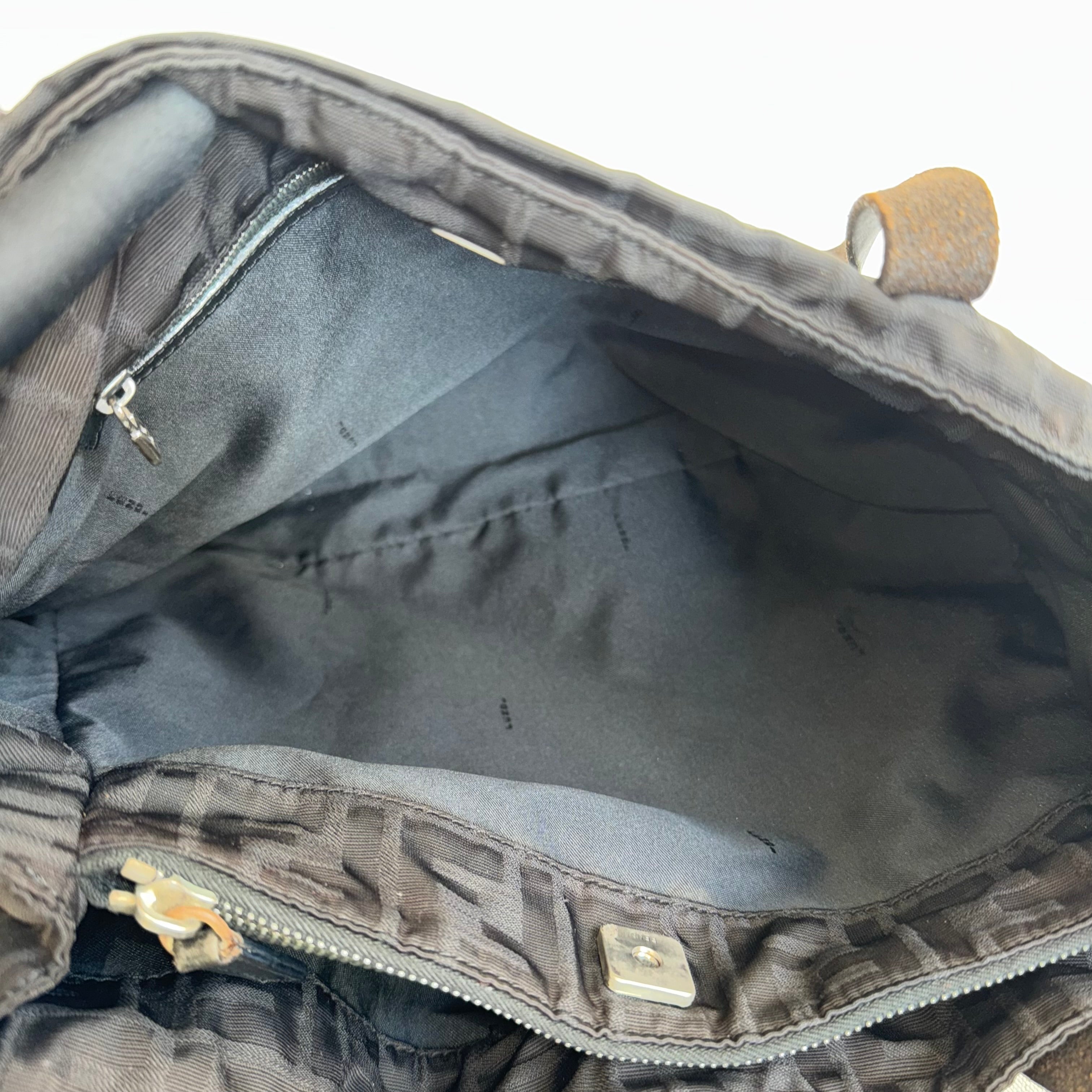 Fendi Silver Logo Mini Zucca Nylon Black Tote Bag