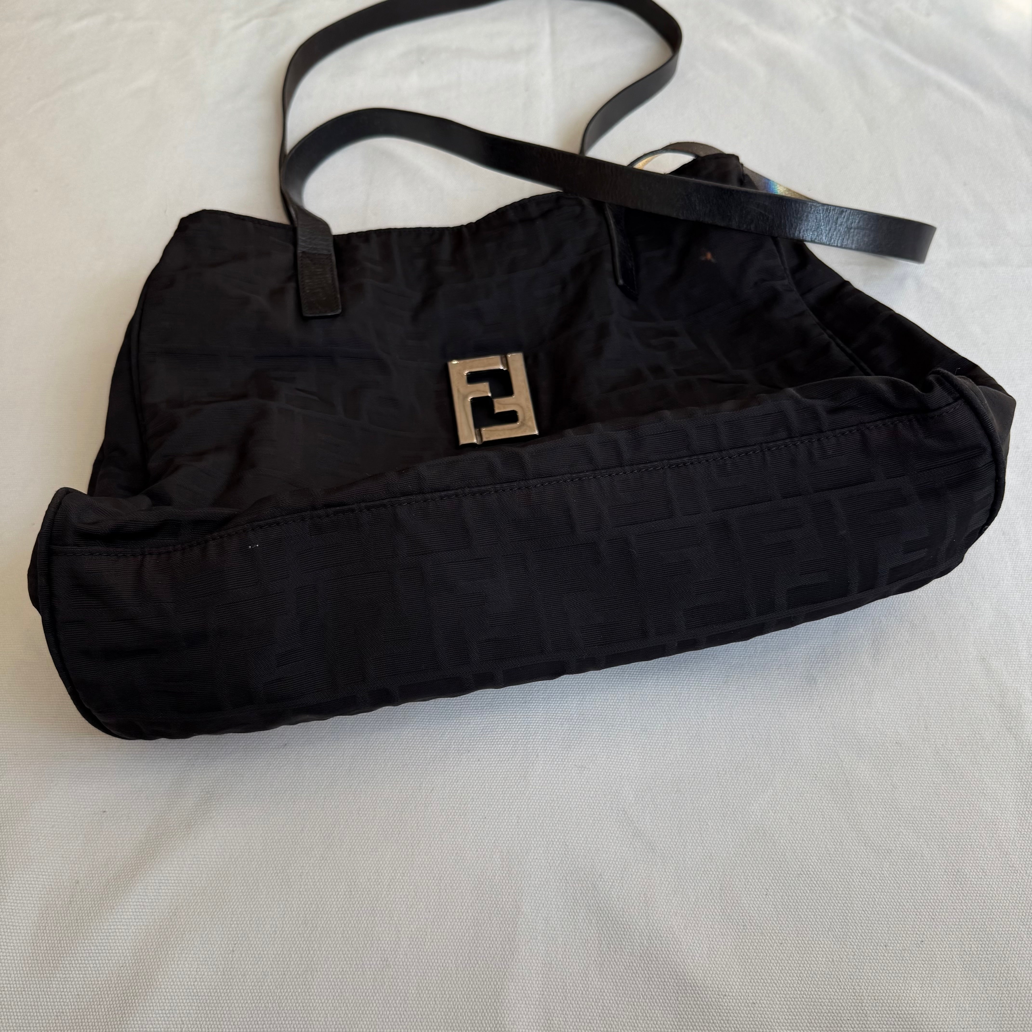 Fendi Silver Logo Mini Zucca Nylon Black Tote Bag