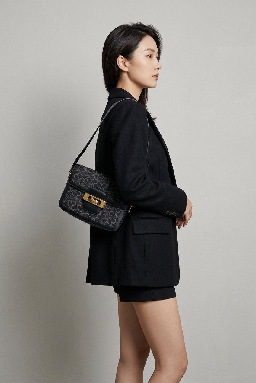 Celine Vintage Blue C Carriage Canvas Box Flap Shoulder Bag