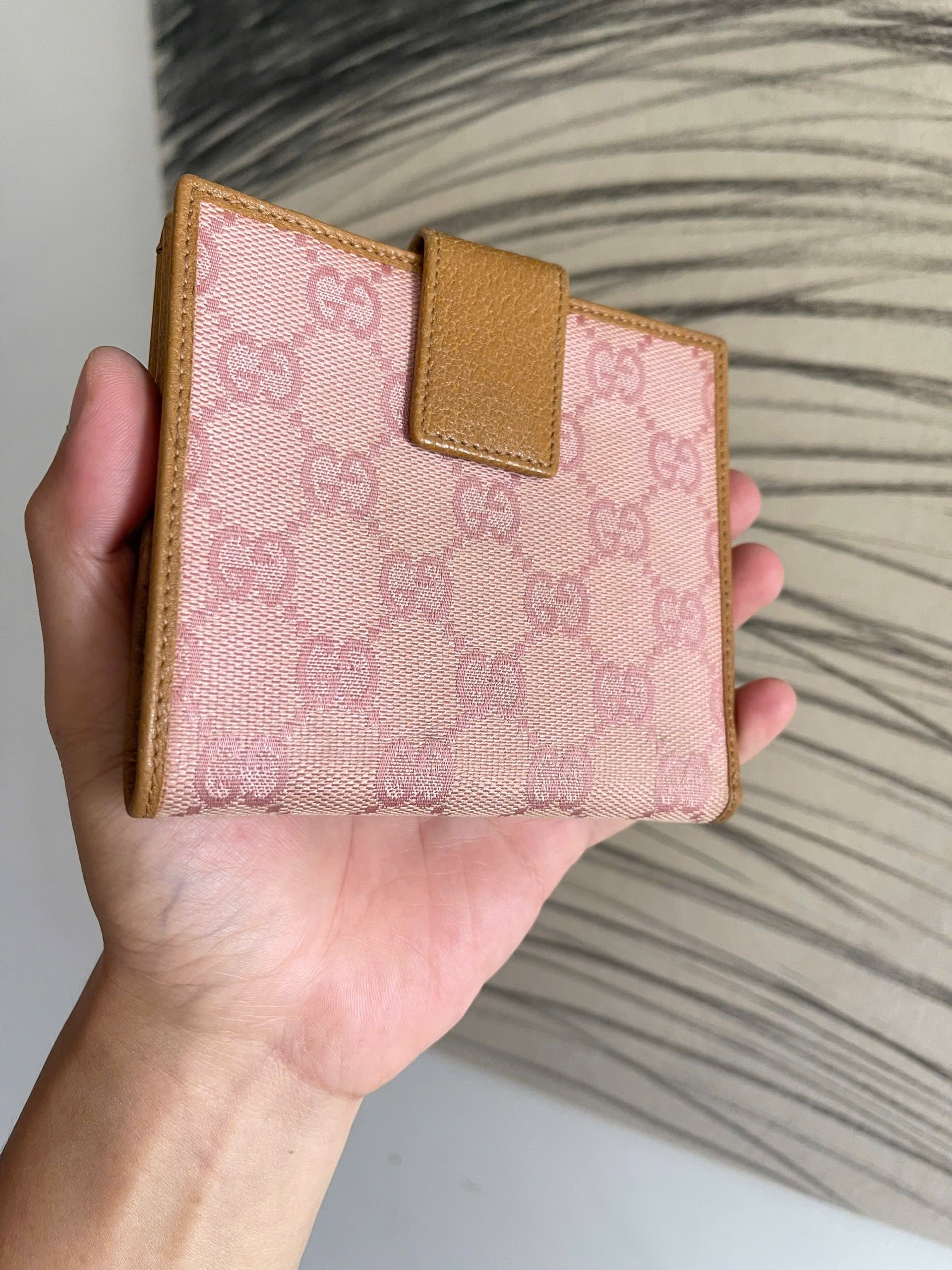 Gucci Monogram Metal Bar French Flap Wallet Pink
