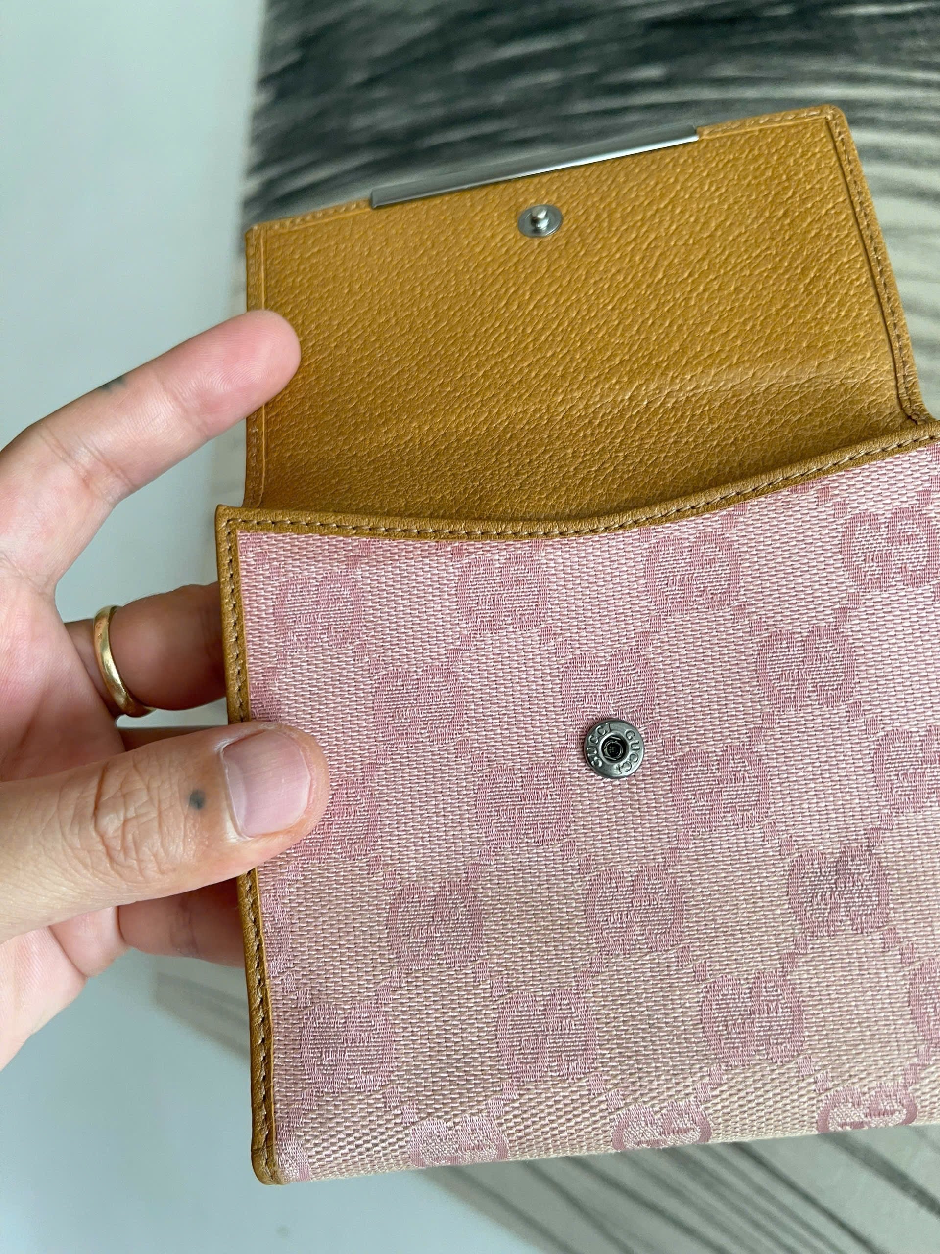 Gucci Monogram Metal Bar French Flap Wallet Pink