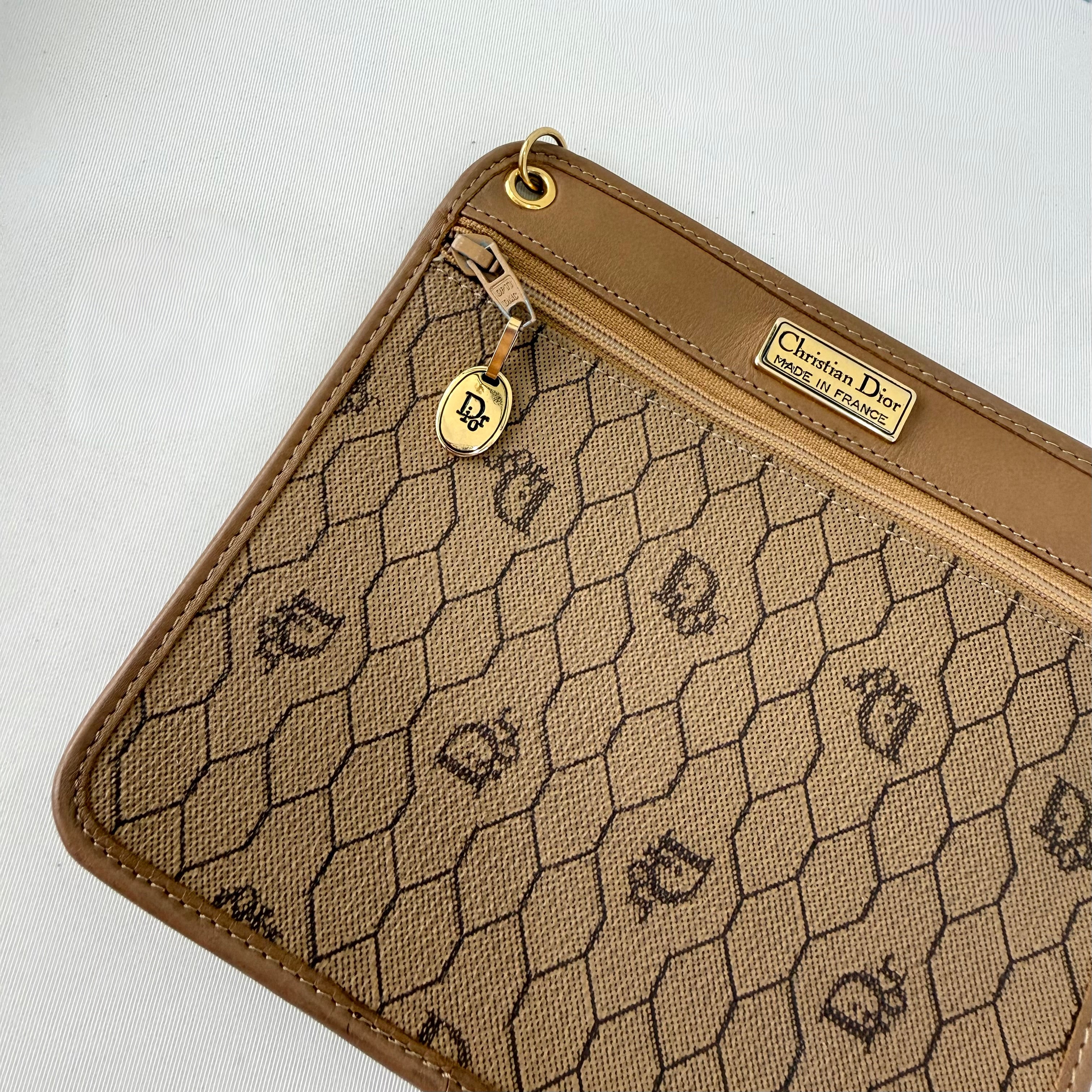 Christian Dior Honeycomb Canvas Pouch Leather Beige Dior Charm